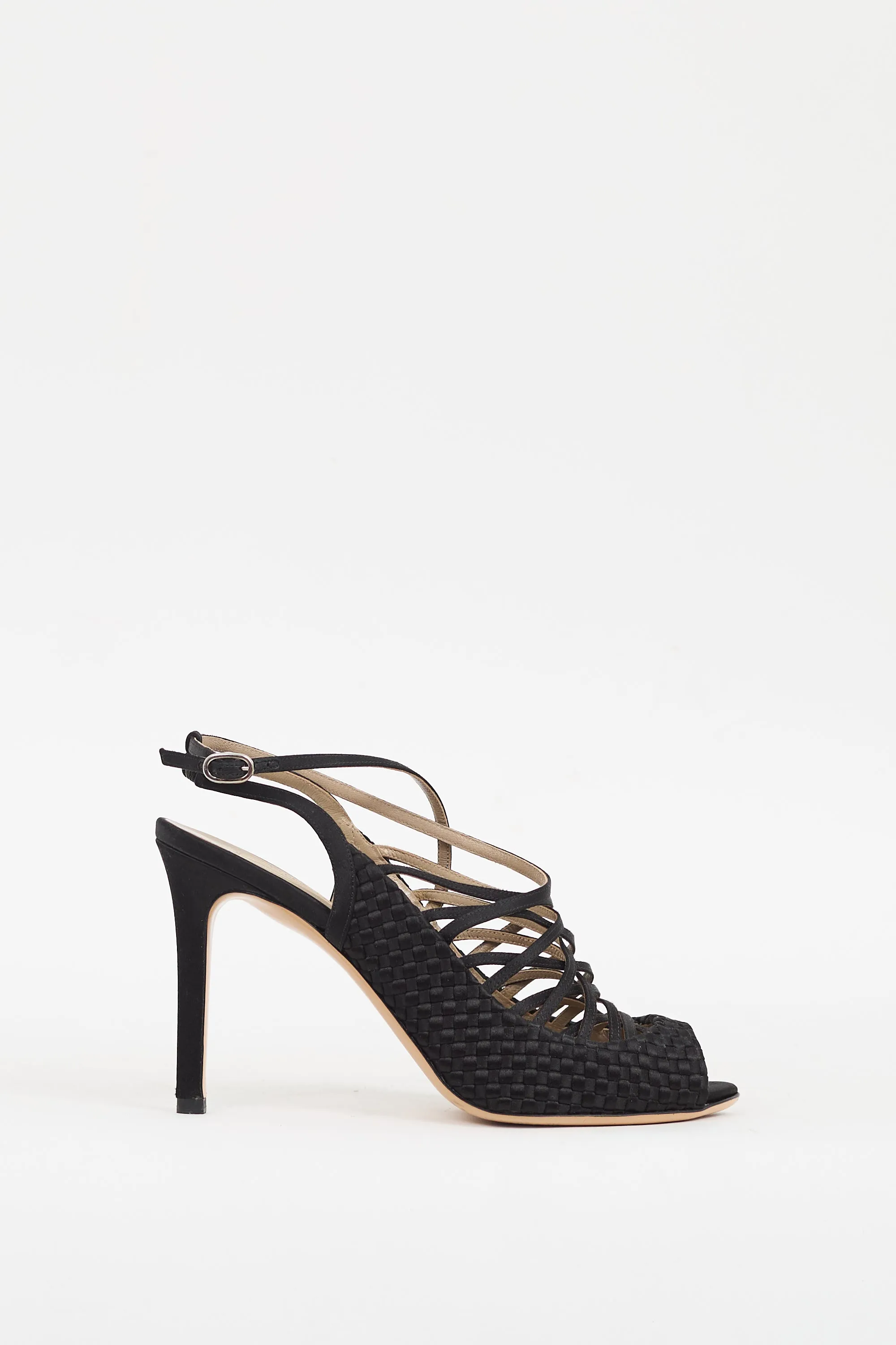 Black Satin Woven & Strappy Caged Heel