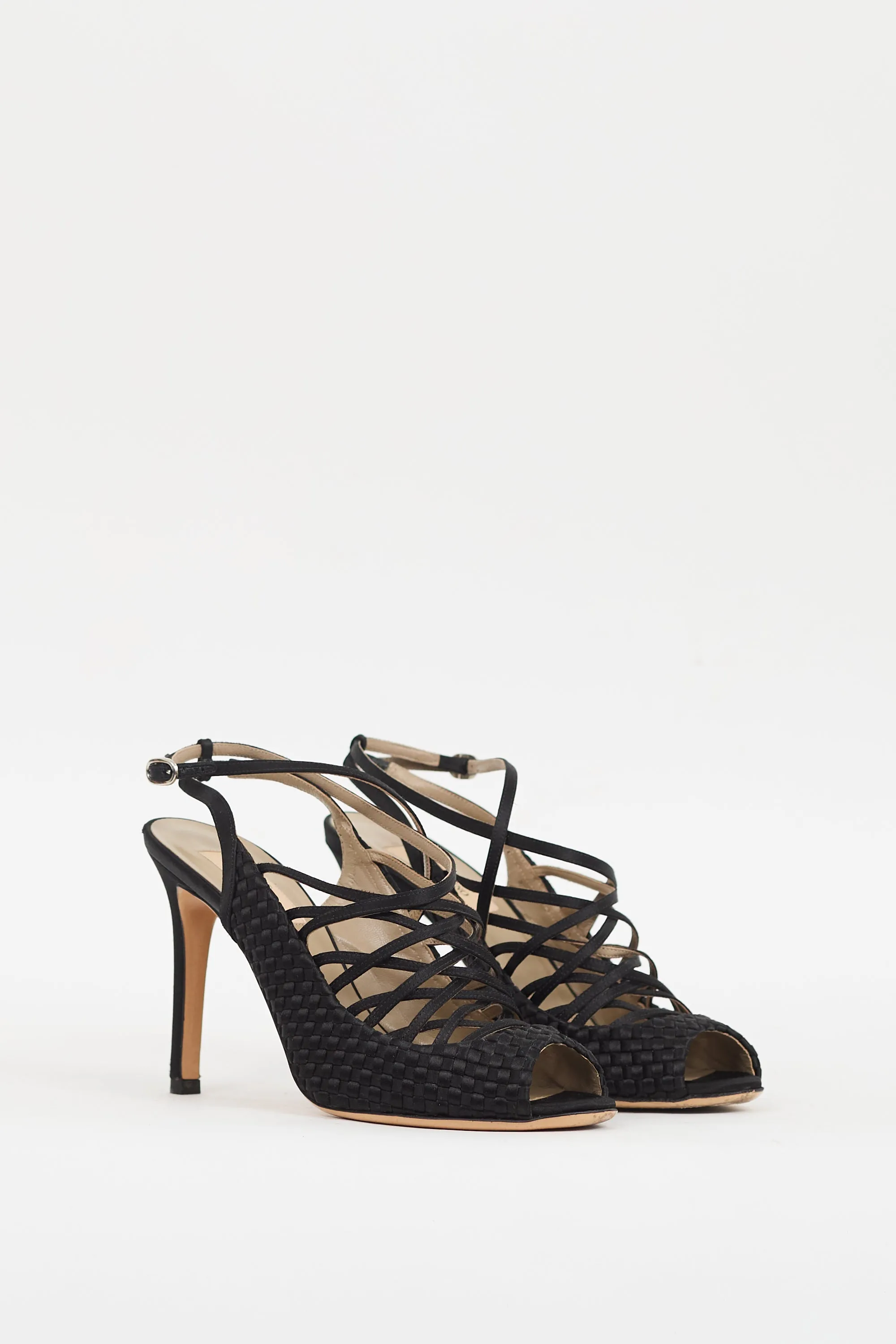 Black Satin Woven & Strappy Caged Heel