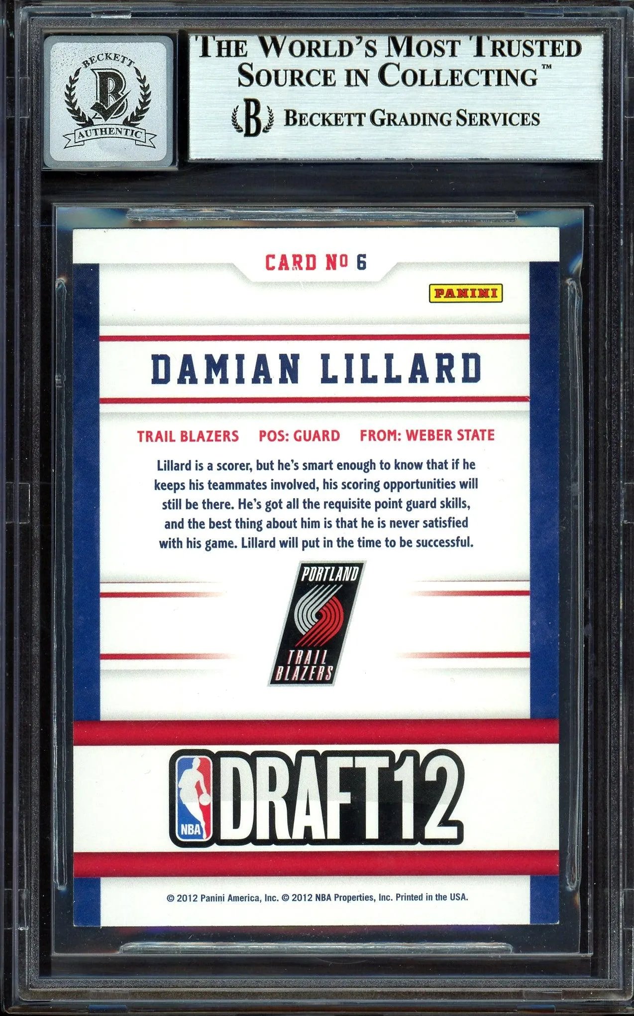 Damian Lillard Autographed 2012-13 Panini Hoops Draft Night Rookie Card #6 Portland Trail Blazers Auto Grade Gem Mint 10 Beckett BAS #13605377