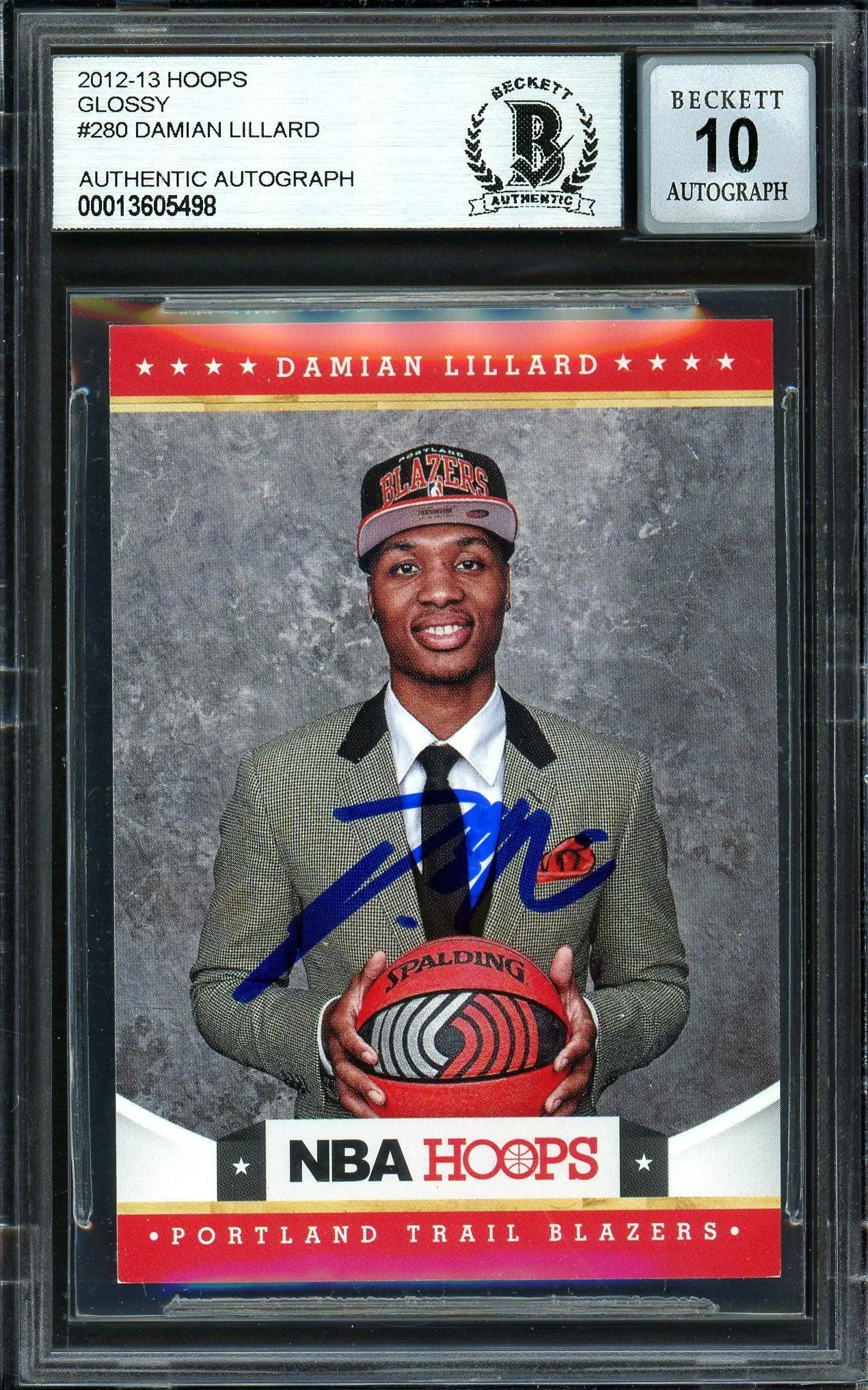 Damian Lillard Autographed 2012-13 Panini Hoops Glossy Rookie Card #280 Portland Trail Blazers Auto Grade Gem Mint 10 Beckett BAS #13605498