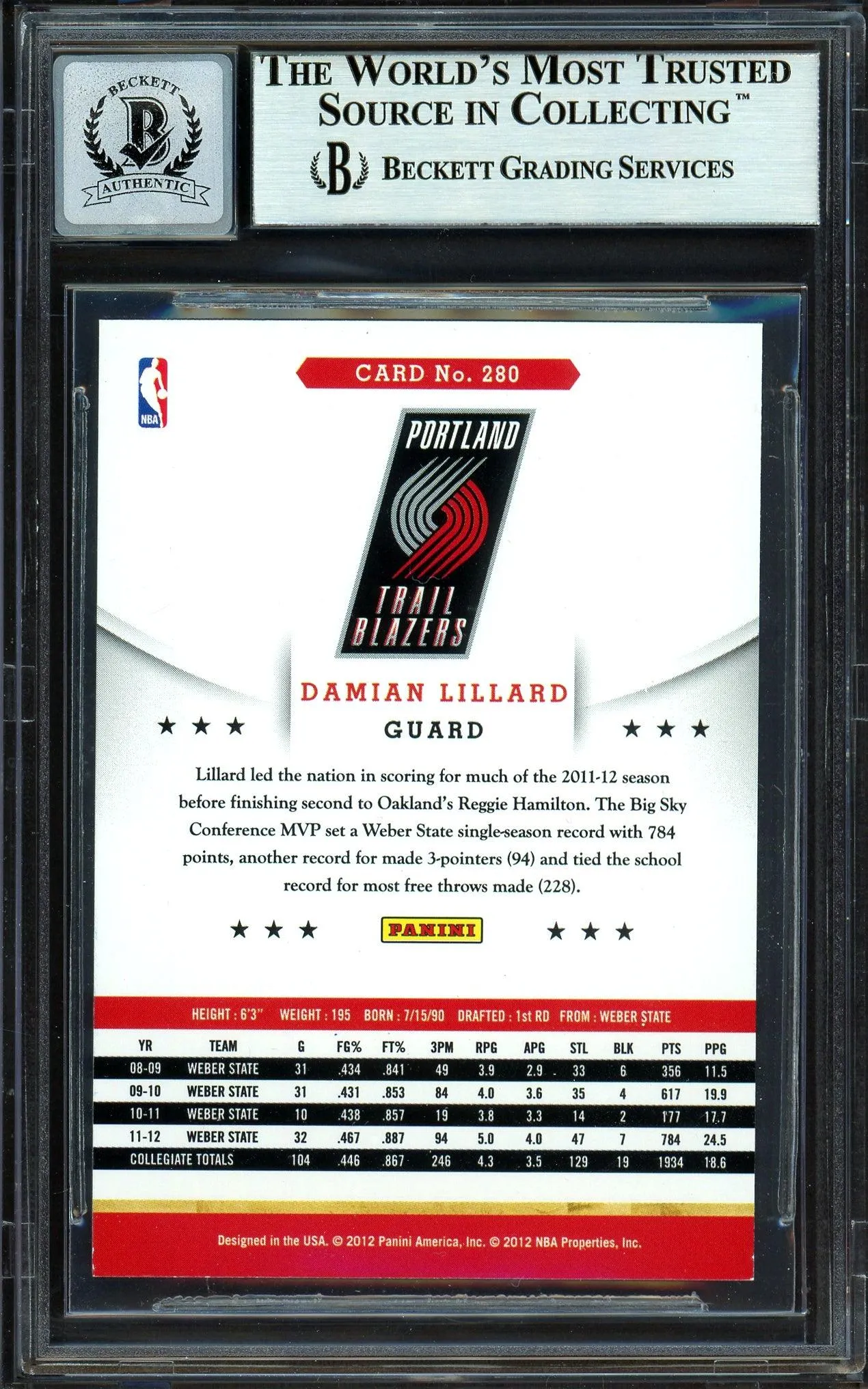 Damian Lillard Autographed 2012-13 Panini Hoops Glossy Rookie Card #280 Portland Trail Blazers Auto Grade Gem Mint 10 Beckett BAS #13605498