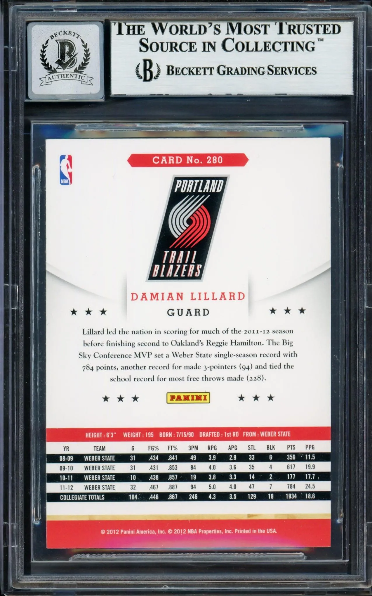 Damian Lillard Autographed 2012-13 Panini Hoops Rookie Card #280 Portland Trail Blazers Auto Grade Gem Mint 10 Beckett BAS #13605485