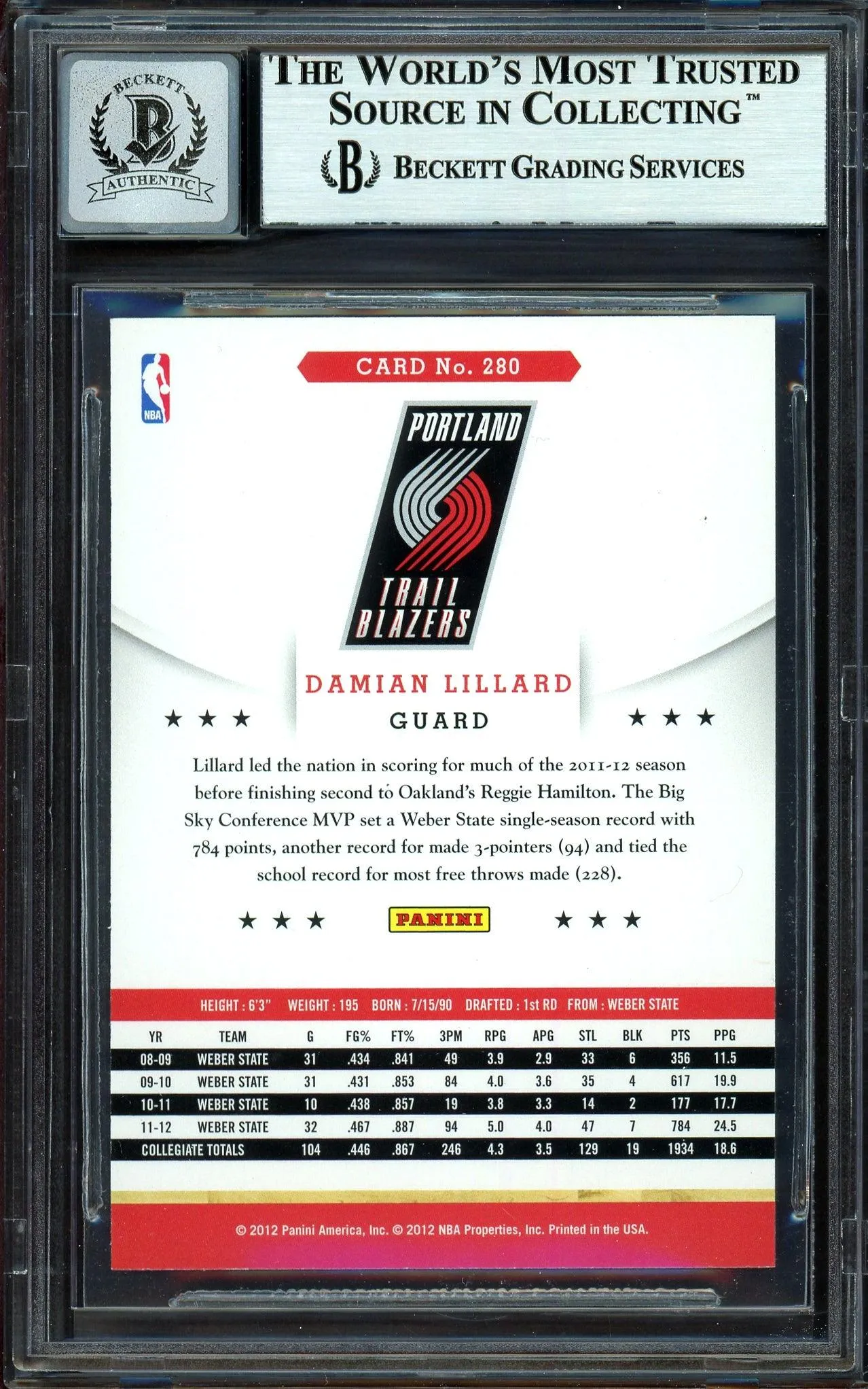 Damian Lillard Autographed 2012-13 Panini Hoops Rookie Card #280 Portland Trail Blazers Auto Grade Gem Mint 10 Beckett BAS #13605486