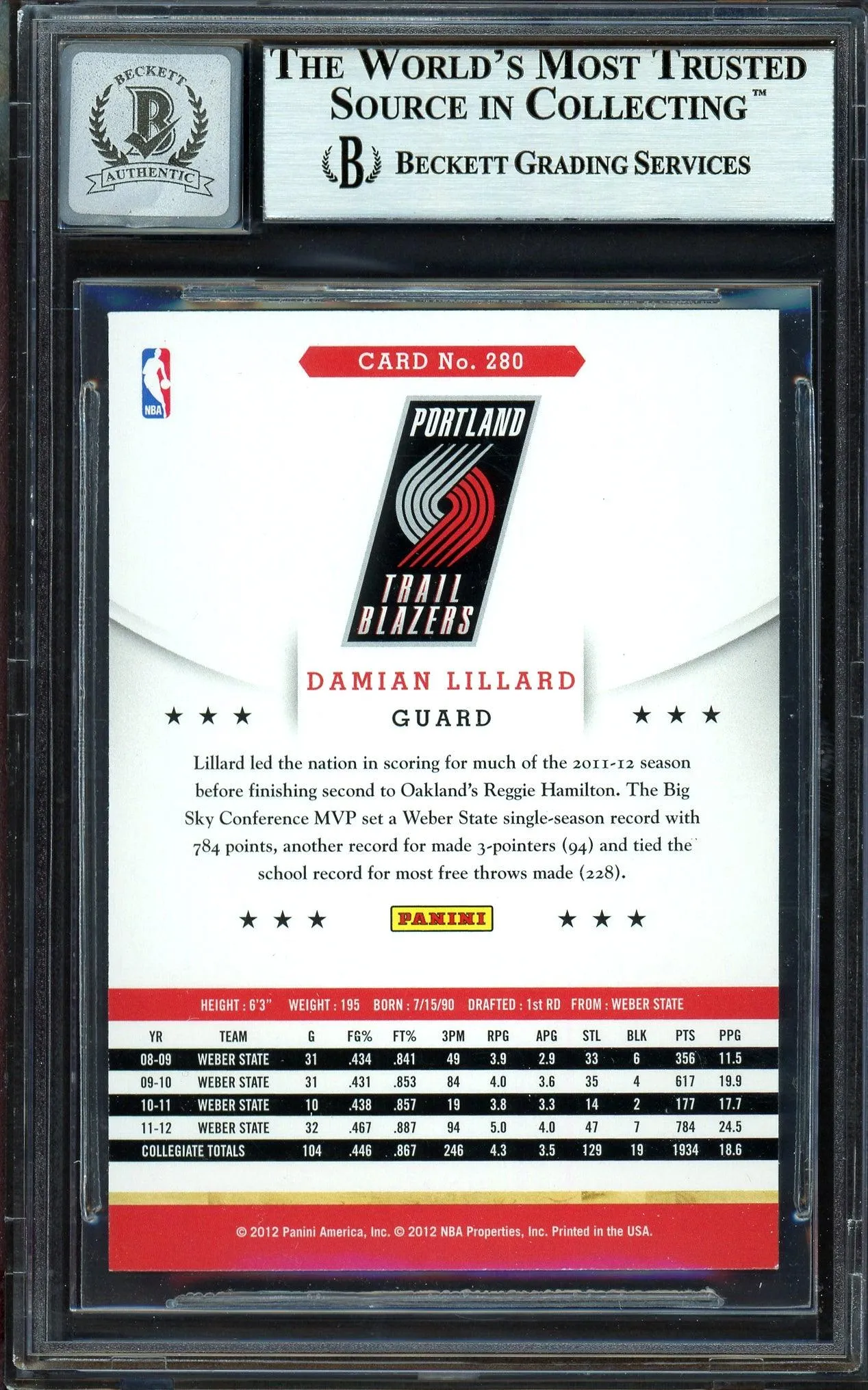 Damian Lillard Autographed 2012-13 Panini Hoops Rookie Card #280 Portland Trail Blazers Auto Grade Gem Mint 10 Beckett BAS #13605494