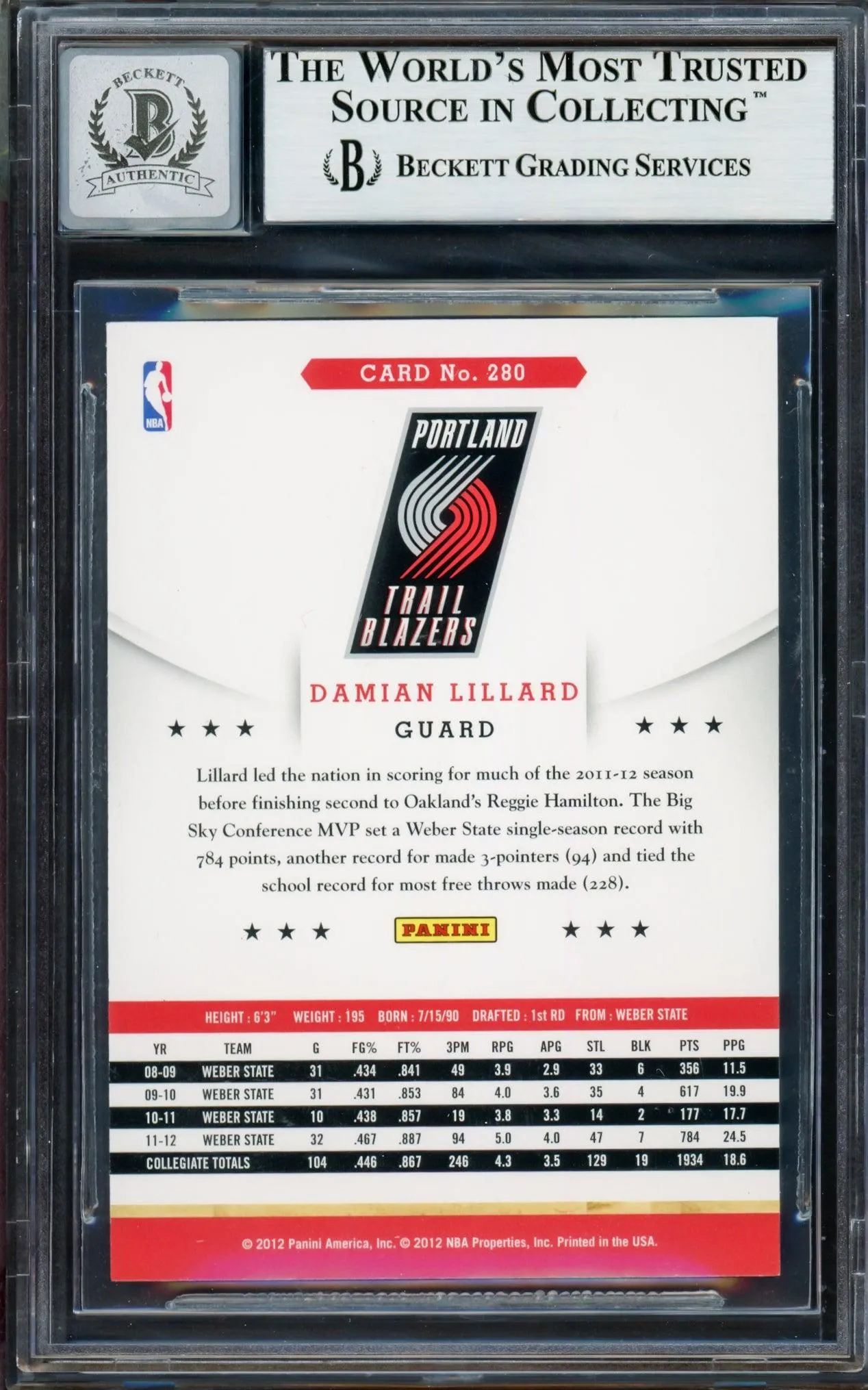 Damian Lillard Autographed 2012-13 Panini Hoops Rookie Card #280 Portland Trail Blazers Auto Grade Gem Mint 10 Beckett BAS #13605496