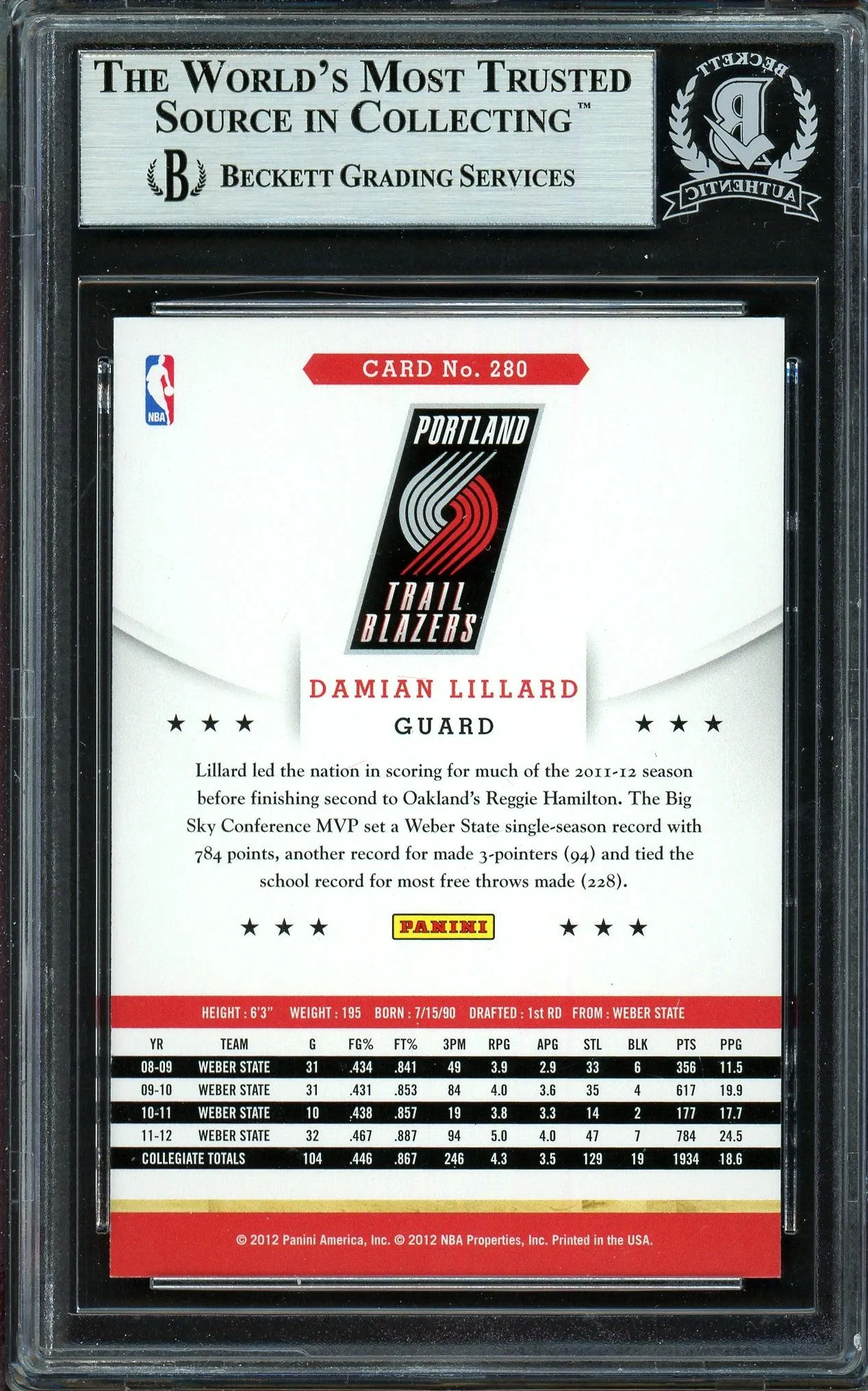 Damian Lillard Autographed 2012-13 Panini Hoops Rookie Card #280 Portland Trail Blazers Beckett BAS #13609500