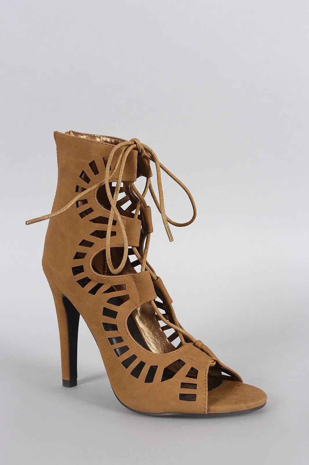 Delicious Perforated Lace Up Open Toe Heel