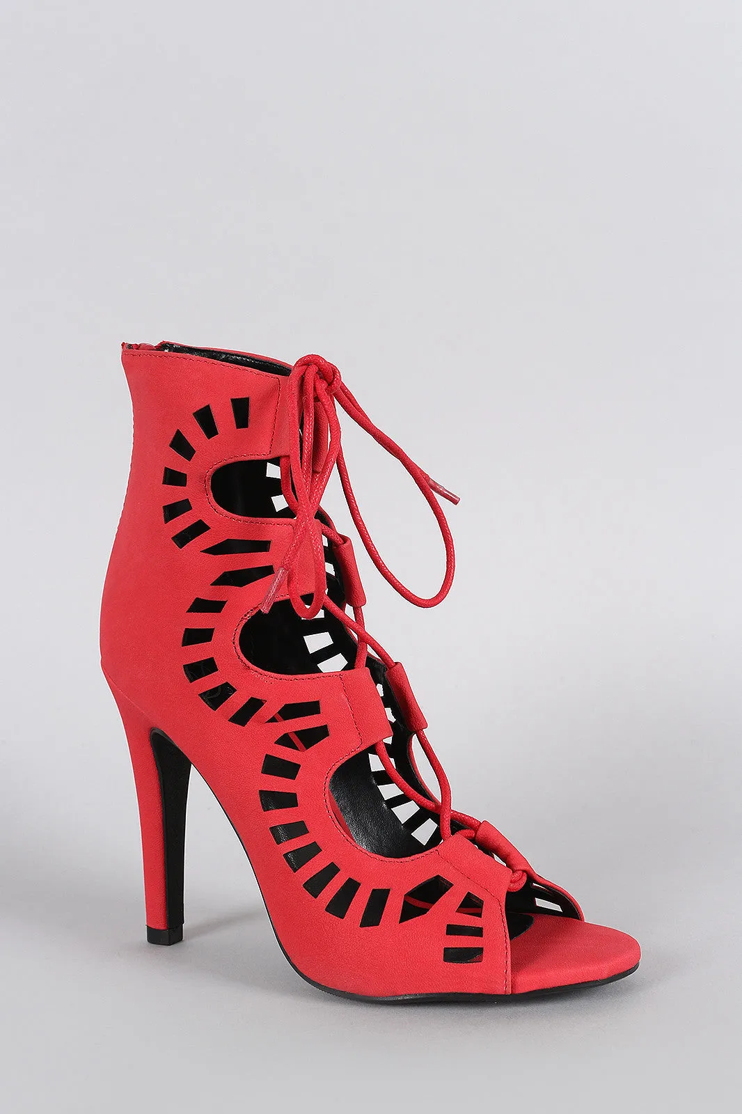 Delicious Perforated Lace Up Open Toe Heel