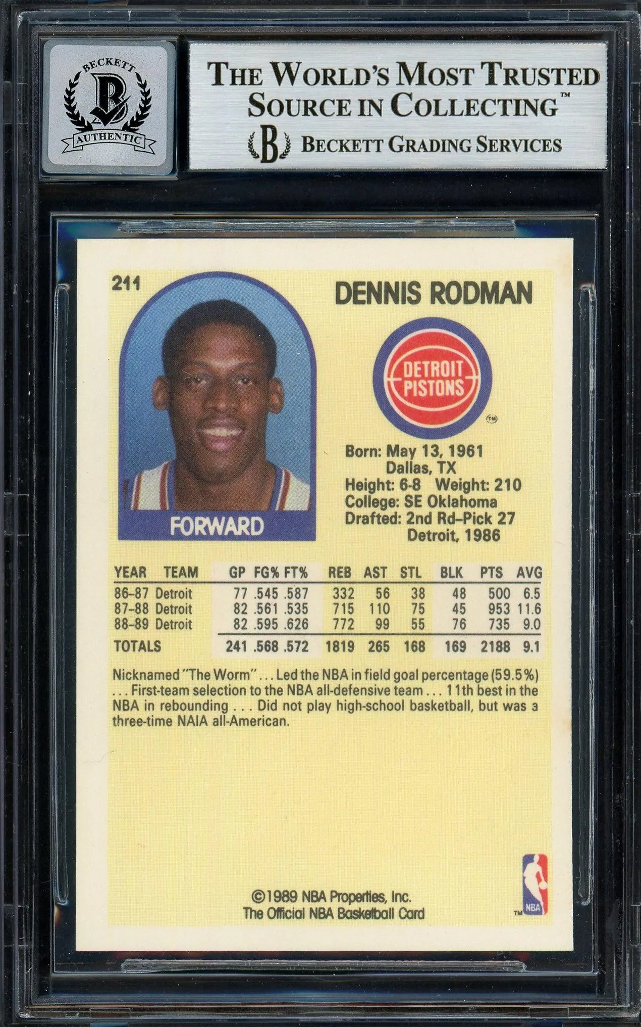 Dennis Rodman Autographed 1989-90 Hoops Card #211 Detroit Pistons Auto Grade Gem Mint 10 Blue Sharpie Beckett BAS Stock #194487