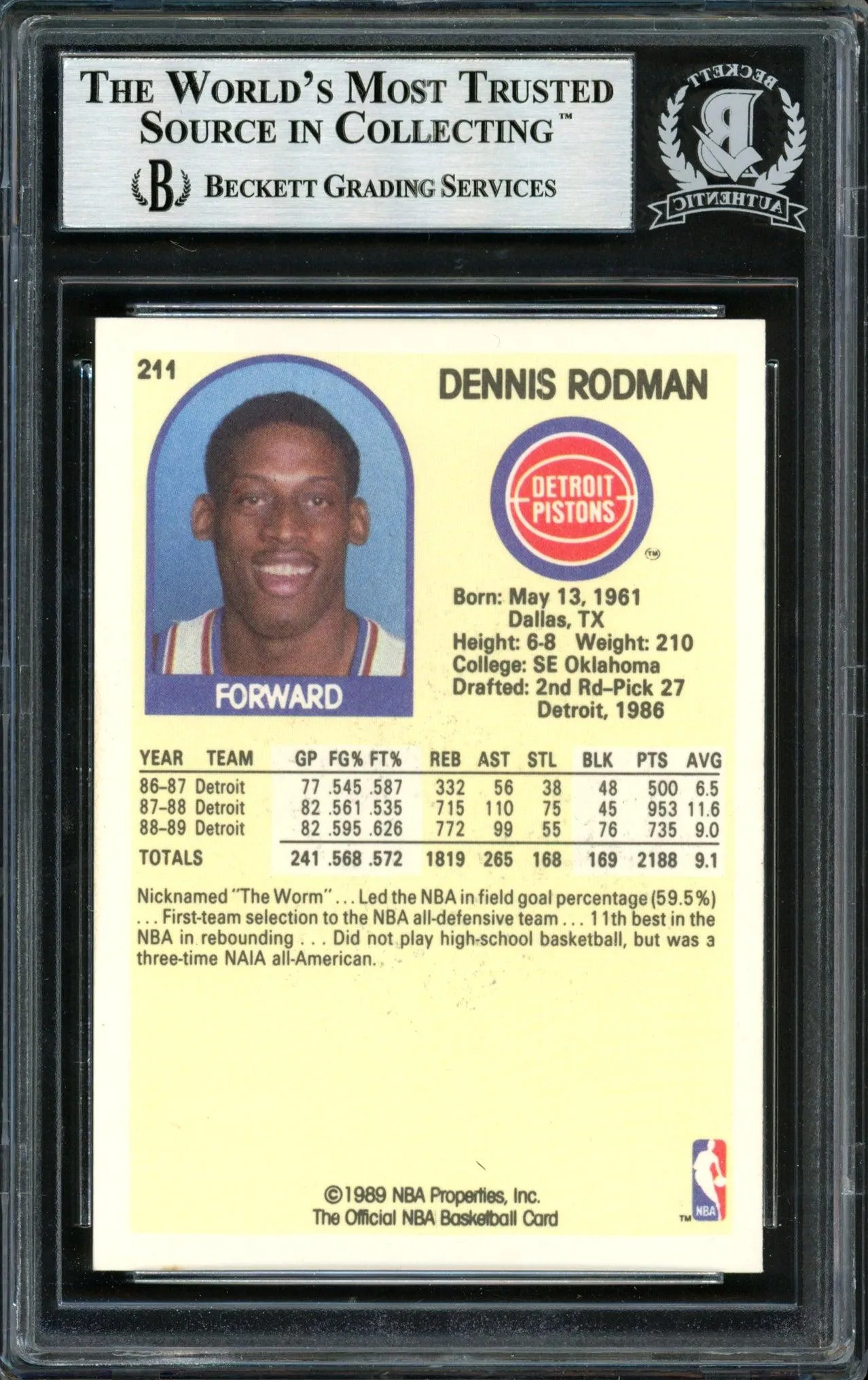 Dennis Rodman Autographed 1989-90 Hoops Card #211 Detroit Pistons Beckett BAS Stock #184821