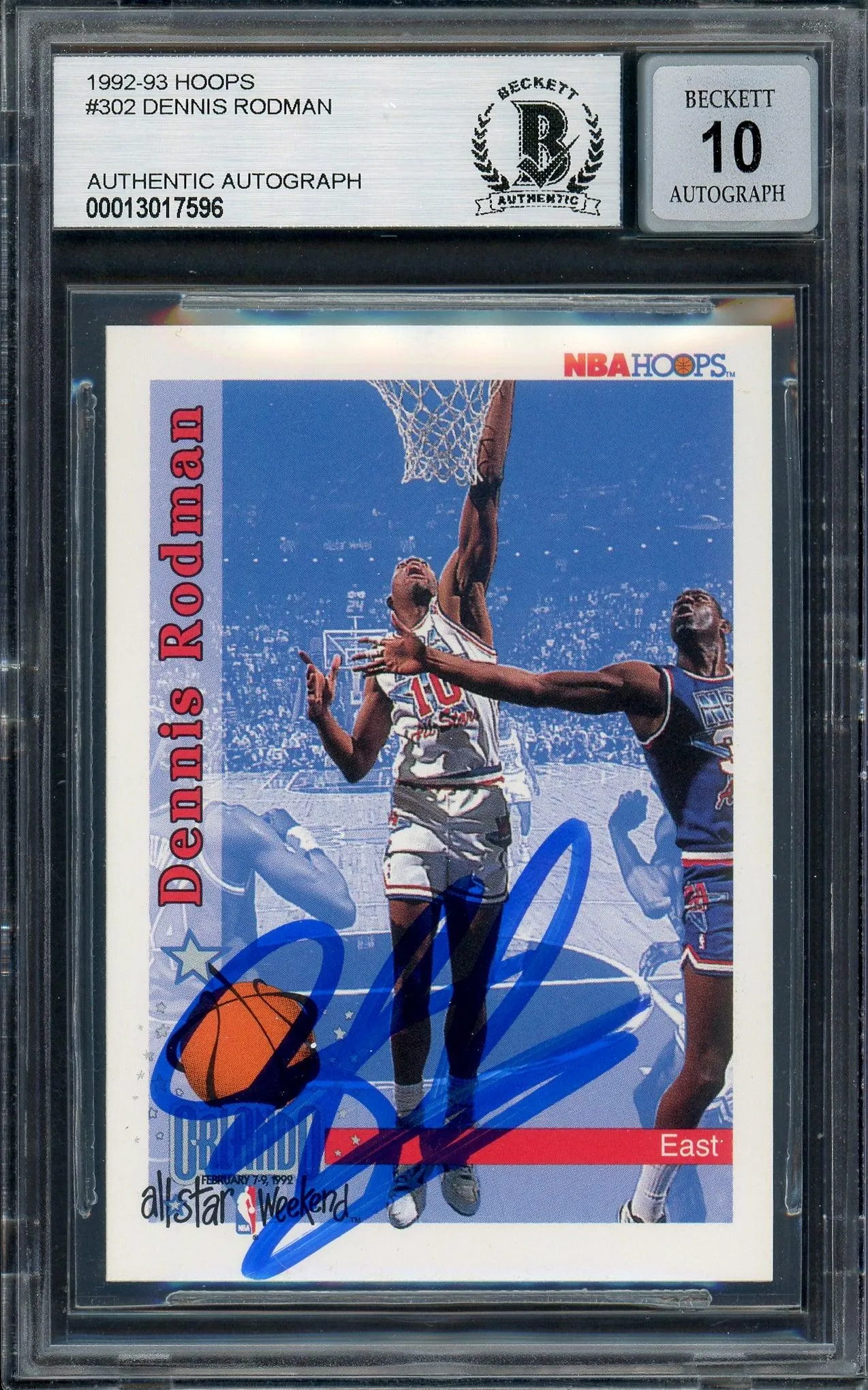 Dennis Rodman Autographed 1992-93 Hoops Card #302 Detroit Pistons Auto Grade Gem Mint 10 Beckett BAS Stock #194558