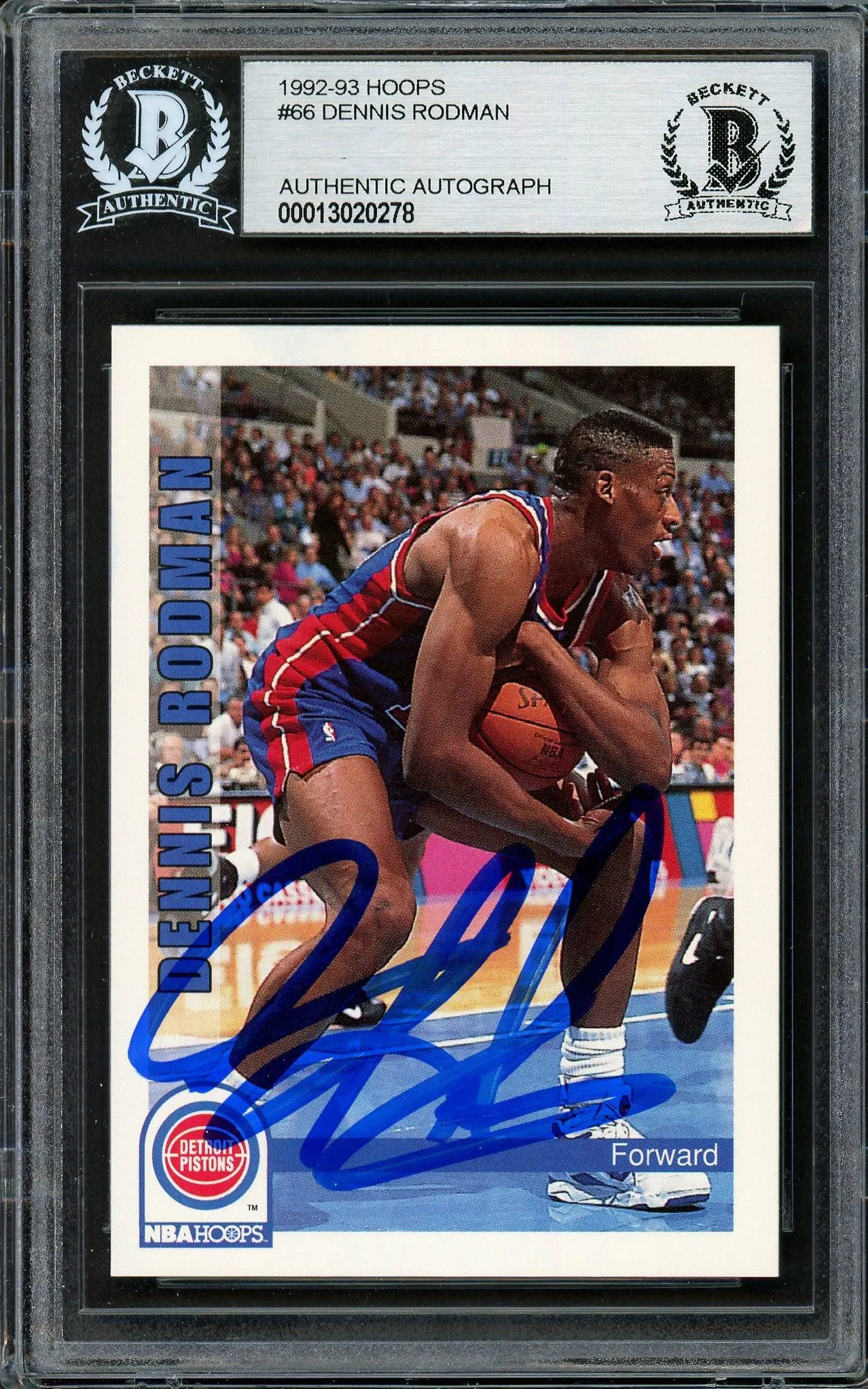 Dennis Rodman Autographed 1992-93 Hoops Card #66 Detroit Pistons Beckett BAS #13020278