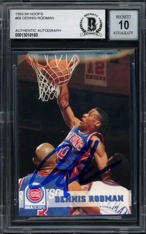 Dennis Rodman Autographed 1993-94 Hoops Card #66 Detroit Pistons Auto Grade Gem Mint 10 Beckett BAS #13018160