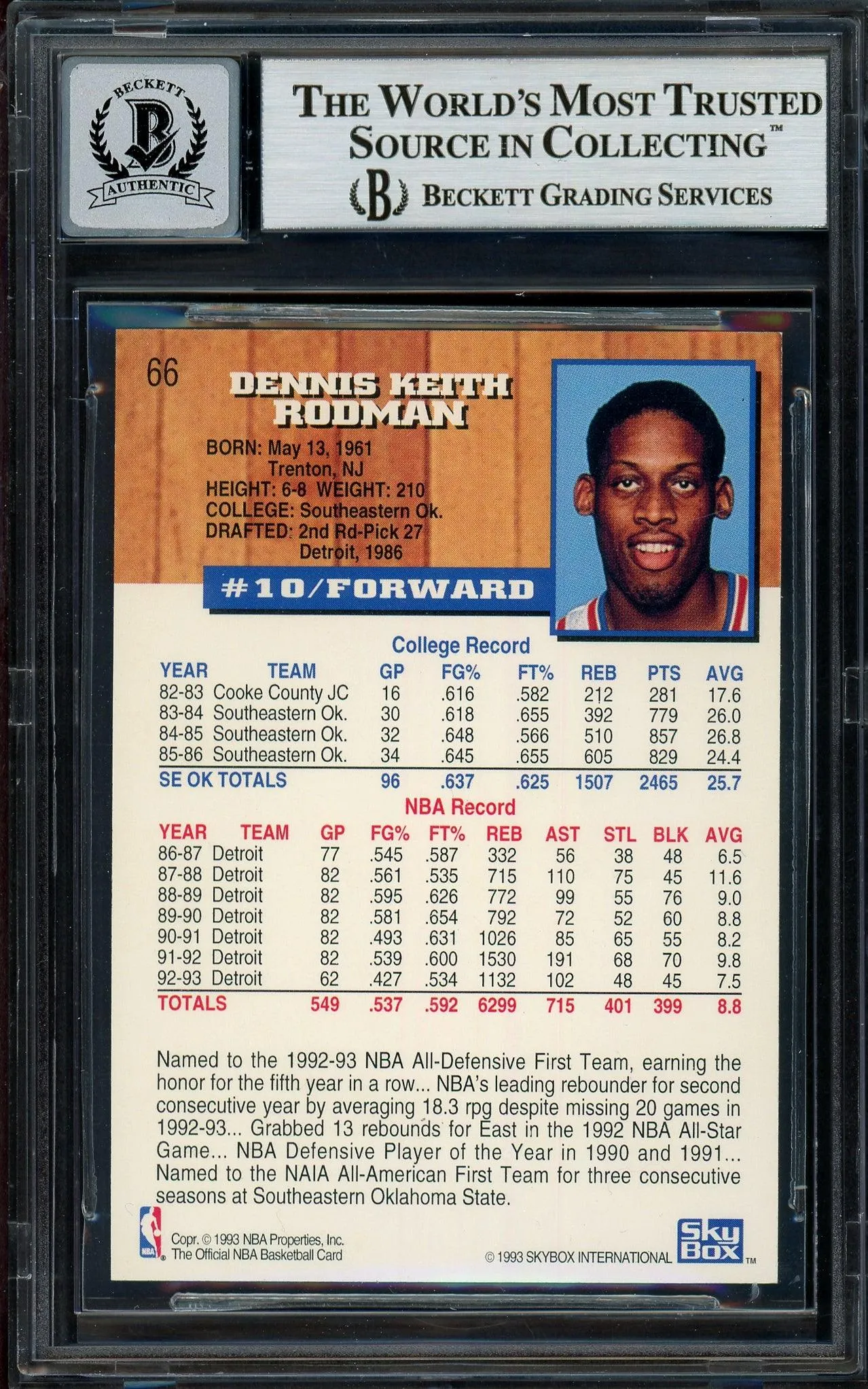 Dennis Rodman Autographed 1993-94 Hoops Card #66 Detroit Pistons Auto Grade Gem Mint 10 Beckett BAS #13018160