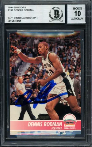 Dennis Rodman Autographed 1994-95 Hoops Card #197 San Antonio Spurs Auto Grade 10 Beckett BAS #12518901