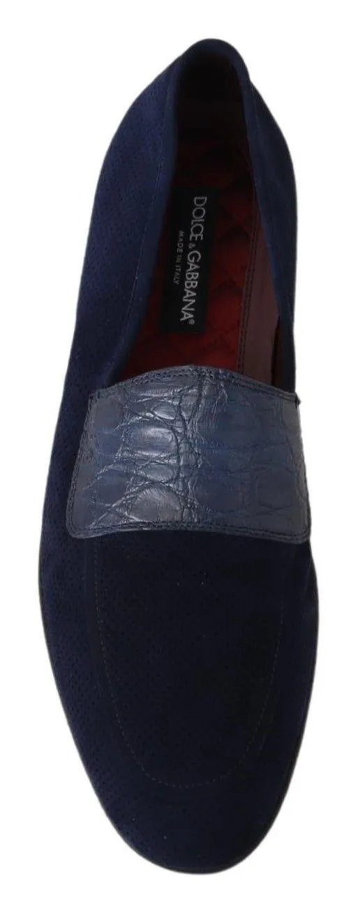 Dolce & Gabbana Blue Suede Caiman Loafers Slippers Shoes