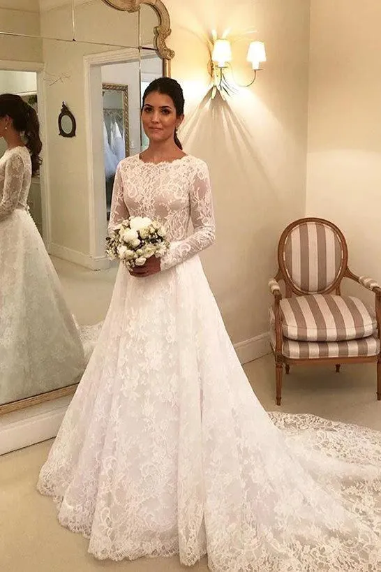 Elegant Long Sleeves Lace A-line Boat Neckline Long Bridal Dress Wedding Dress OK907