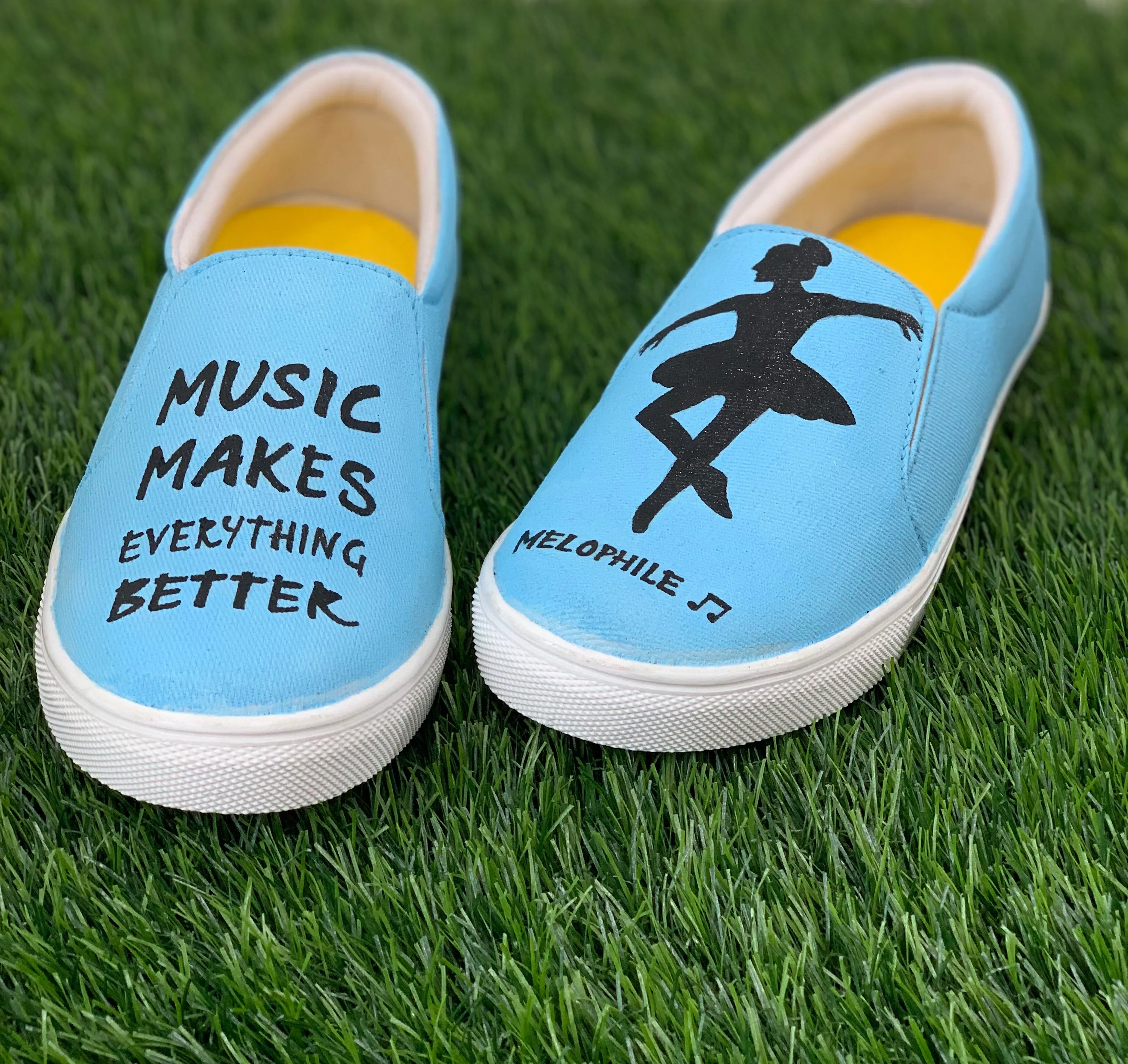 Funky N Trendy hand painted water resistant Music theme slip on shoes/ handpainted shoes/ women shoes / funky shoes/ blue shoes / funky handpainted shoes