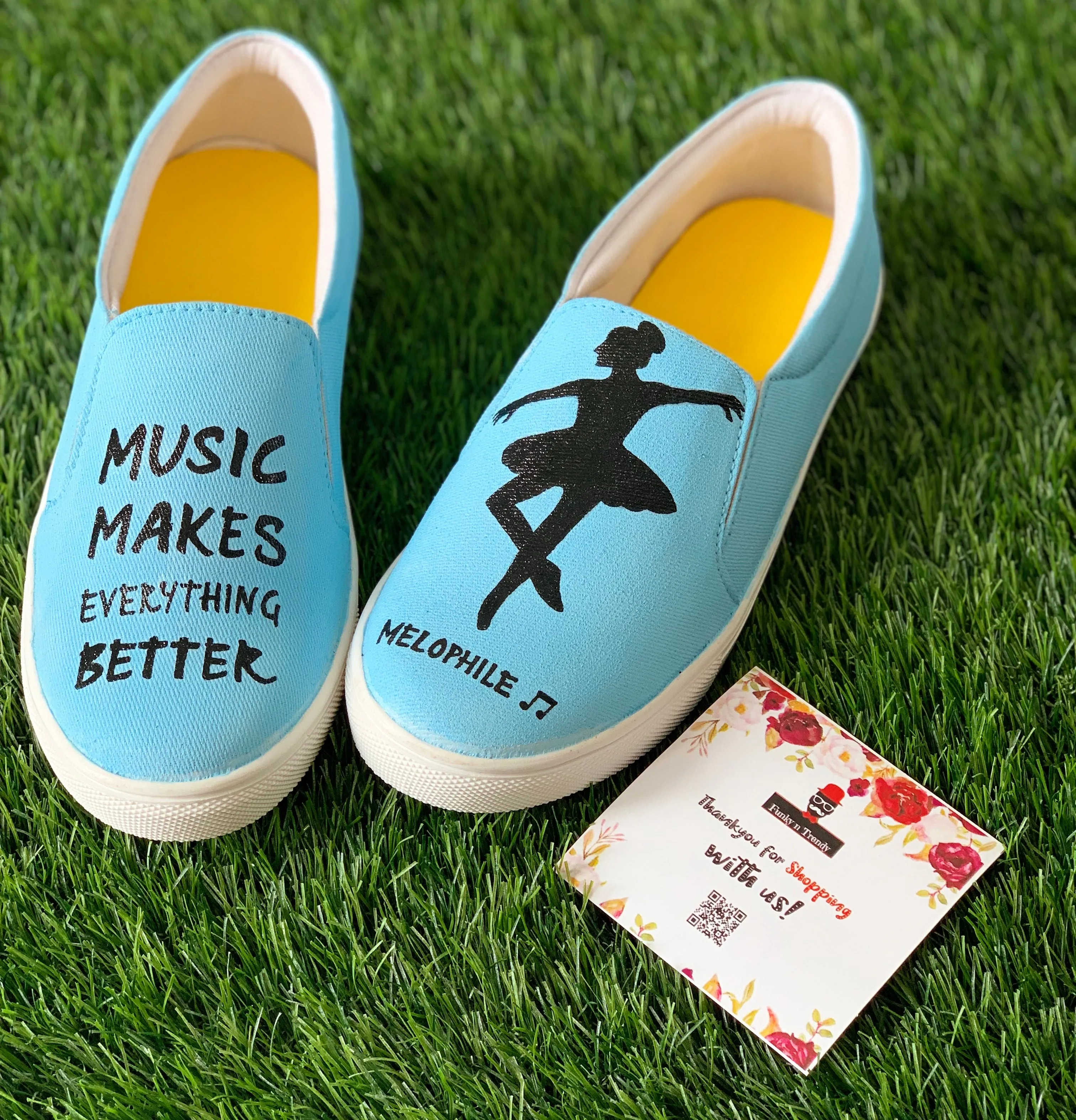 Funky N Trendy hand painted water resistant Music theme slip on shoes/ handpainted shoes/ women shoes / funky shoes/ blue shoes / funky handpainted shoes