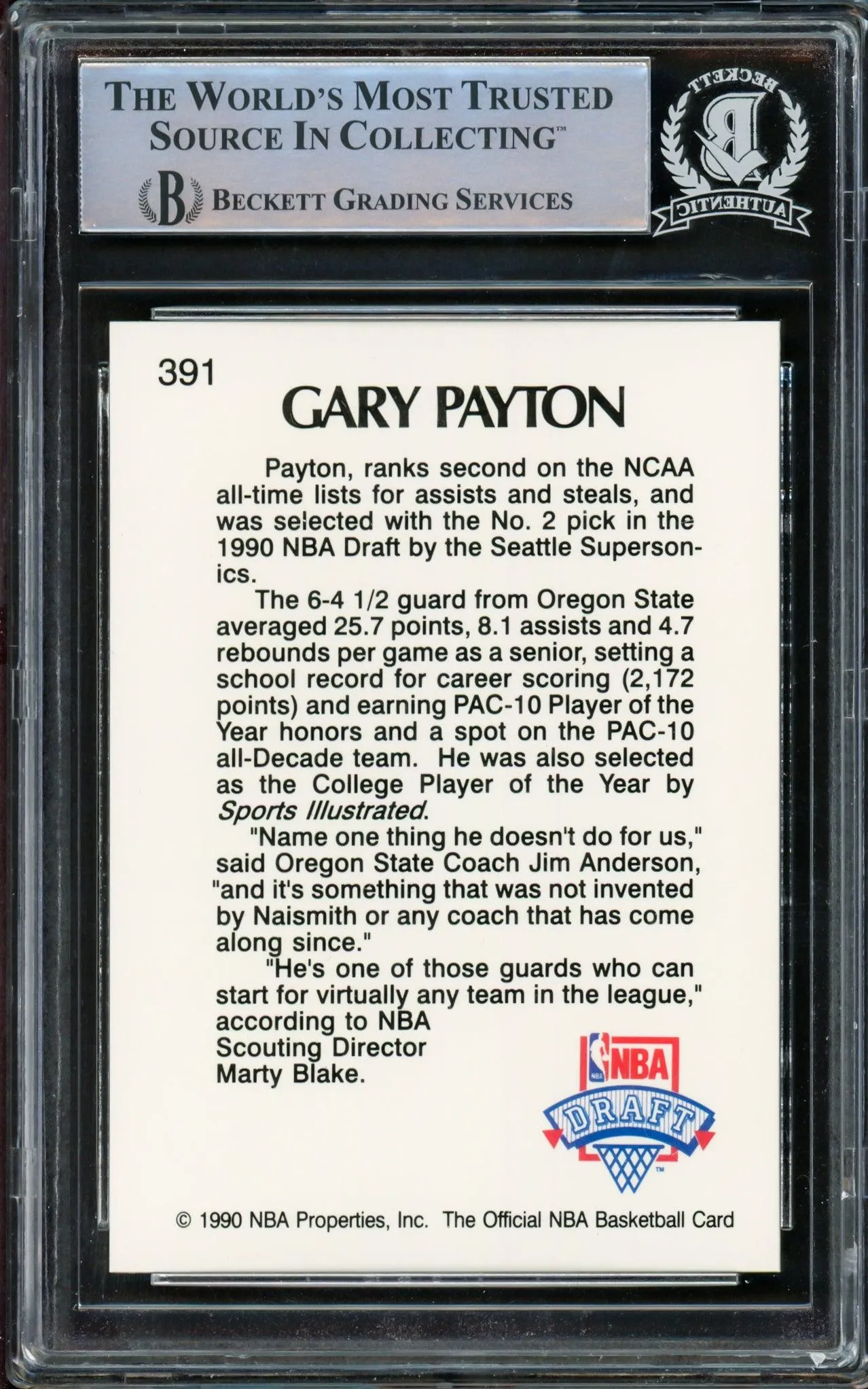 Gary Payton Autographed 1990-91 Hoops Rookie Card #391 Seattle Supersonics Beckett BAS Stock #209777