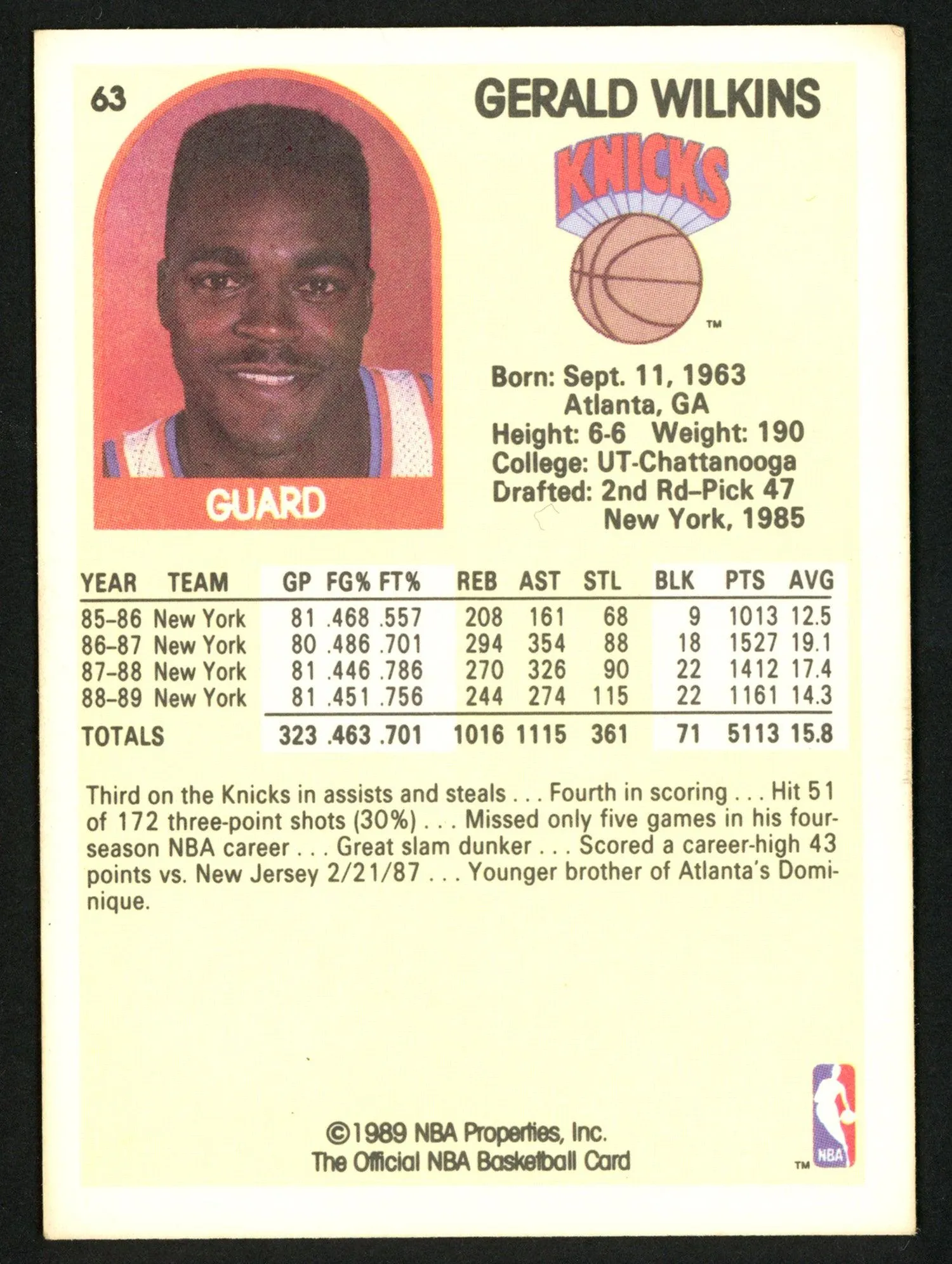 Gerald Wilkins Autographed 1989-90 Hoops Card #63 New York Knicks SKU #149767