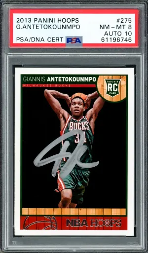 Giannis Antetokounmpo Autographed 2013 Panini Hoops Rookie Card #275 Milwaukee Bucks PSA 8 Auto Grade Gem Mint 10 PSA/DNA #61196746