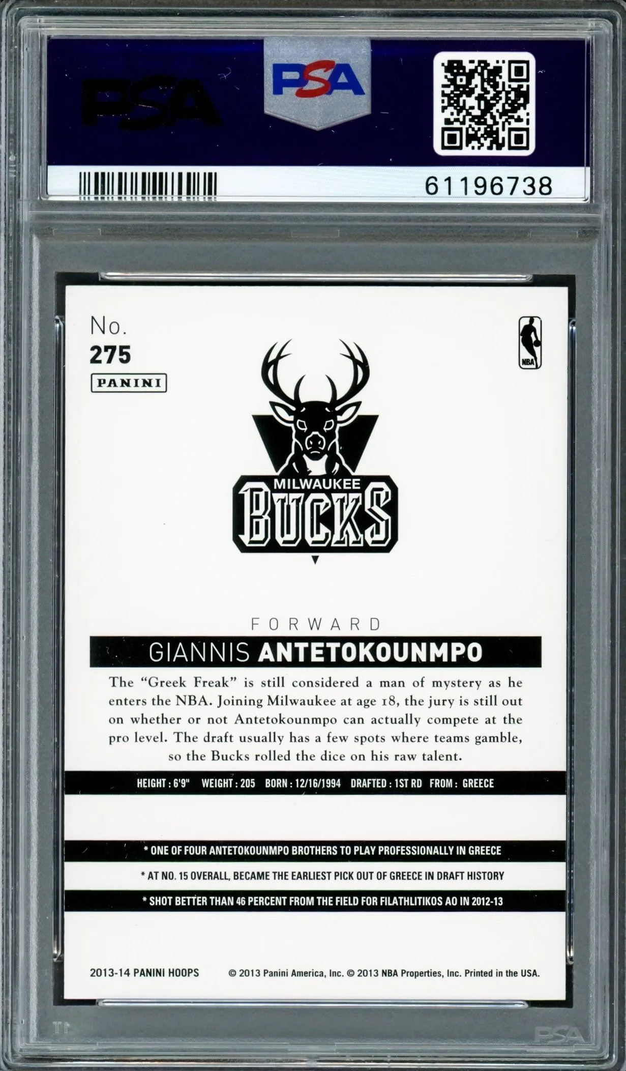 Giannis Antetokounmpo Autographed 2013 Panini Hoops Rookie Card #275 Milwaukee Bucks PSA 8 Auto Grade Mint 9 PSA/DNA #61196738