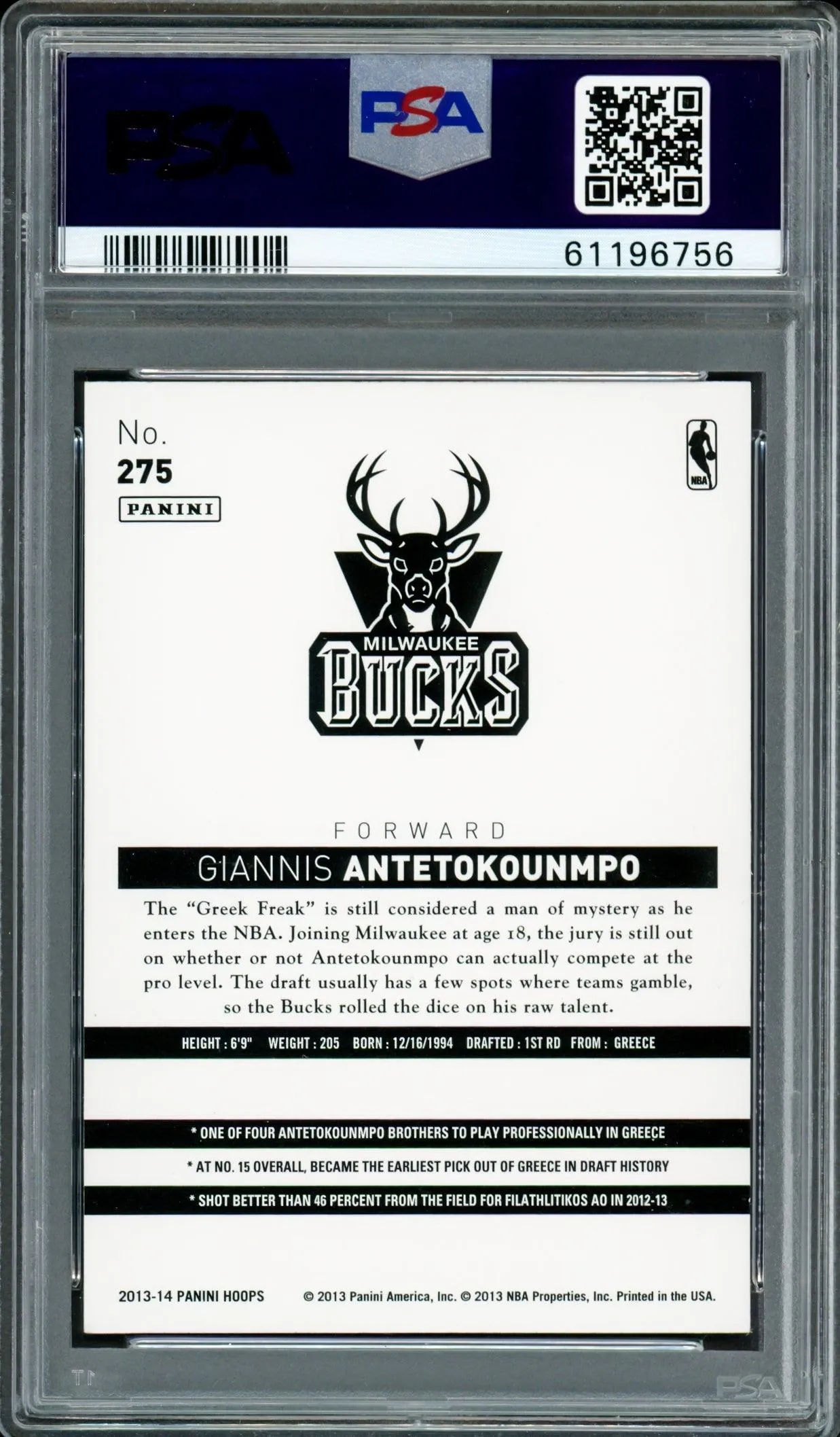 Giannis Antetokounmpo Autographed 2013 Panini Hoops Rookie Card #275 Milwaukee Bucks PSA 8 Auto Grade Mint 9 PSA/DNA #61196756