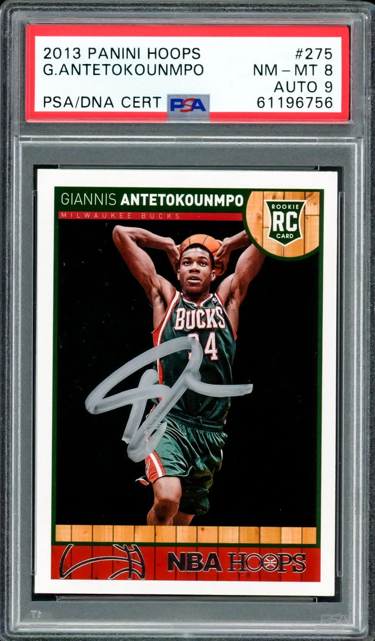 Giannis Antetokounmpo Autographed 2013 Panini Hoops Rookie Card #275 Milwaukee Bucks PSA 8 Auto Grade Mint 9 PSA/DNA #61196756