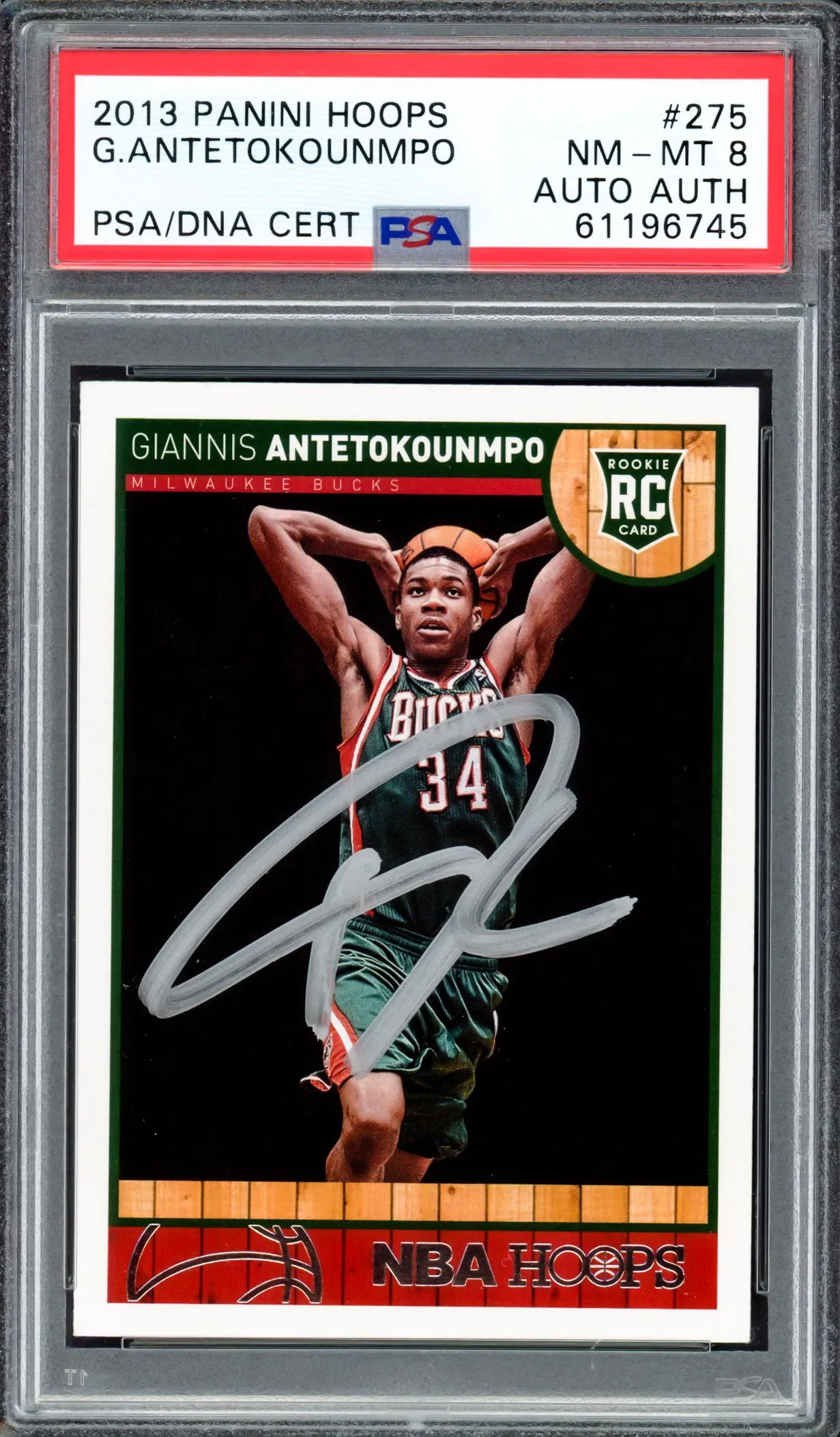 Giannis Antetokounmpo Autographed 2013 Panini Hoops Rookie Card #275 Milwaukee Bucks PSA 8 PSA/DNA #61196745