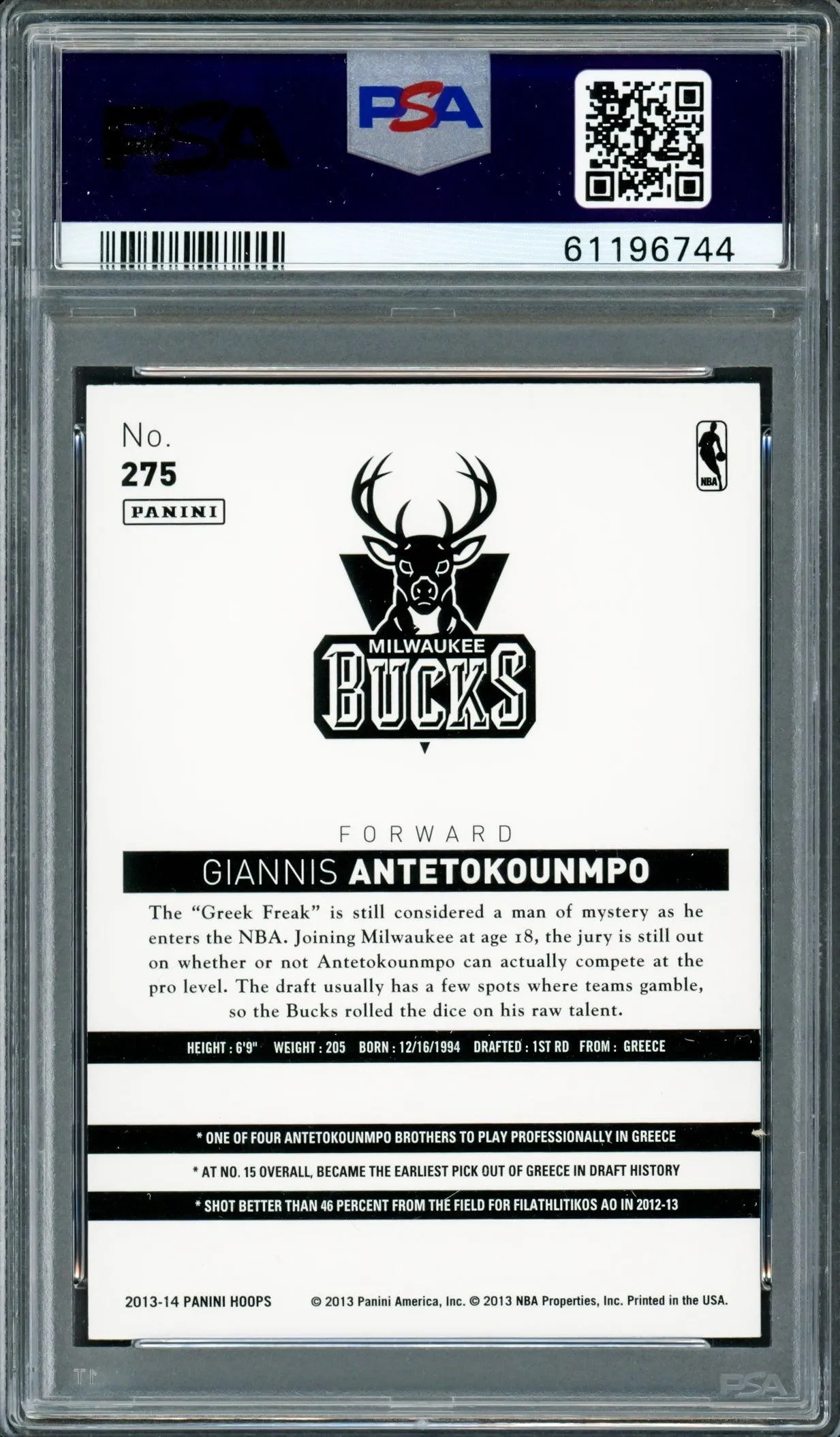 Giannis Antetokounmpo Autographed 2013 Panini Hoops Rookie Card #275 Milwaukee Bucks PSA 9 Auto Grade Mint 9 PSA/DNA #61196744