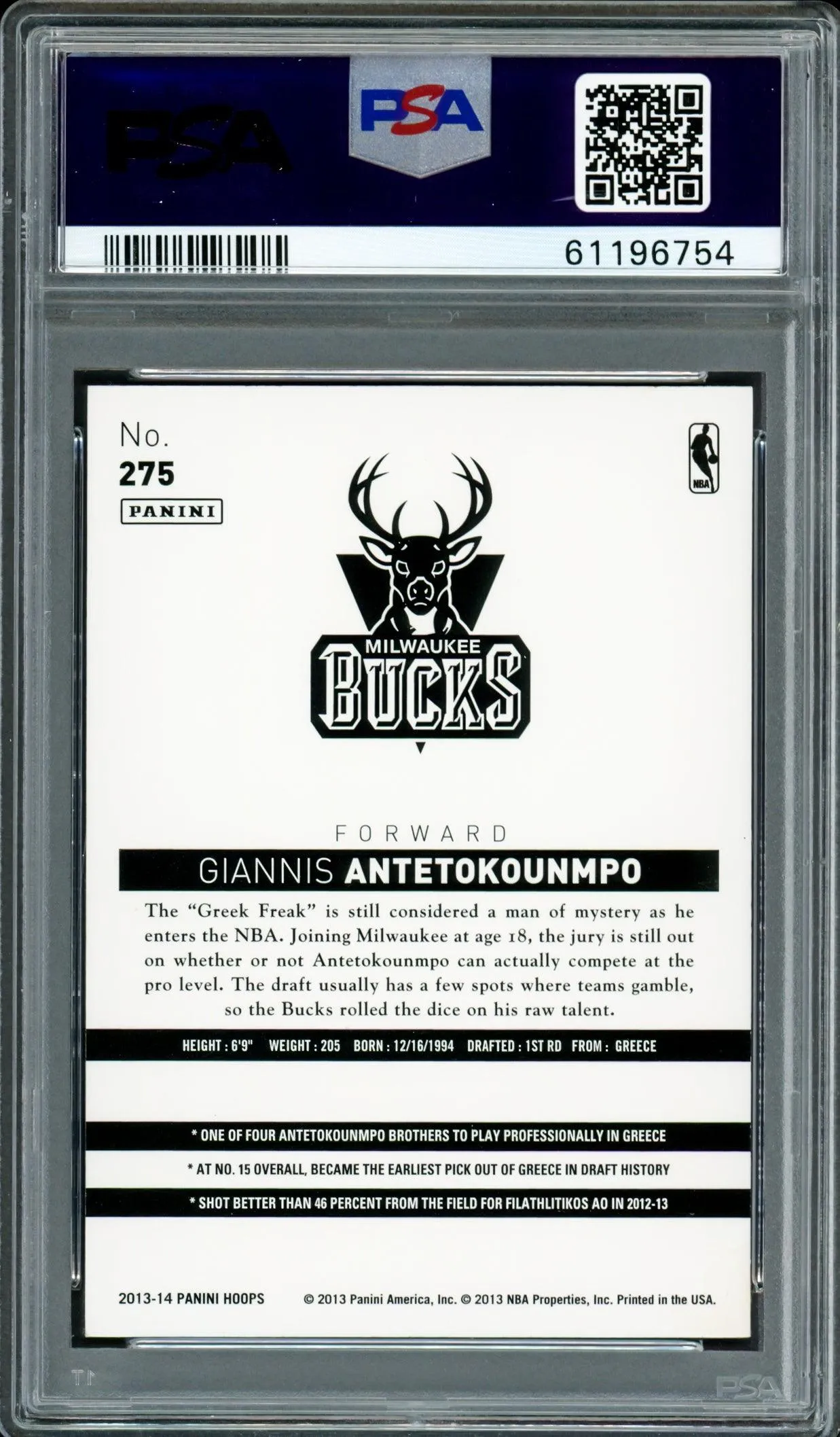 Giannis Antetokounmpo Autographed 2013 Panini Hoops Rookie Card #275 Milwaukee Bucks PSA 9 PSA/DNA #61196754