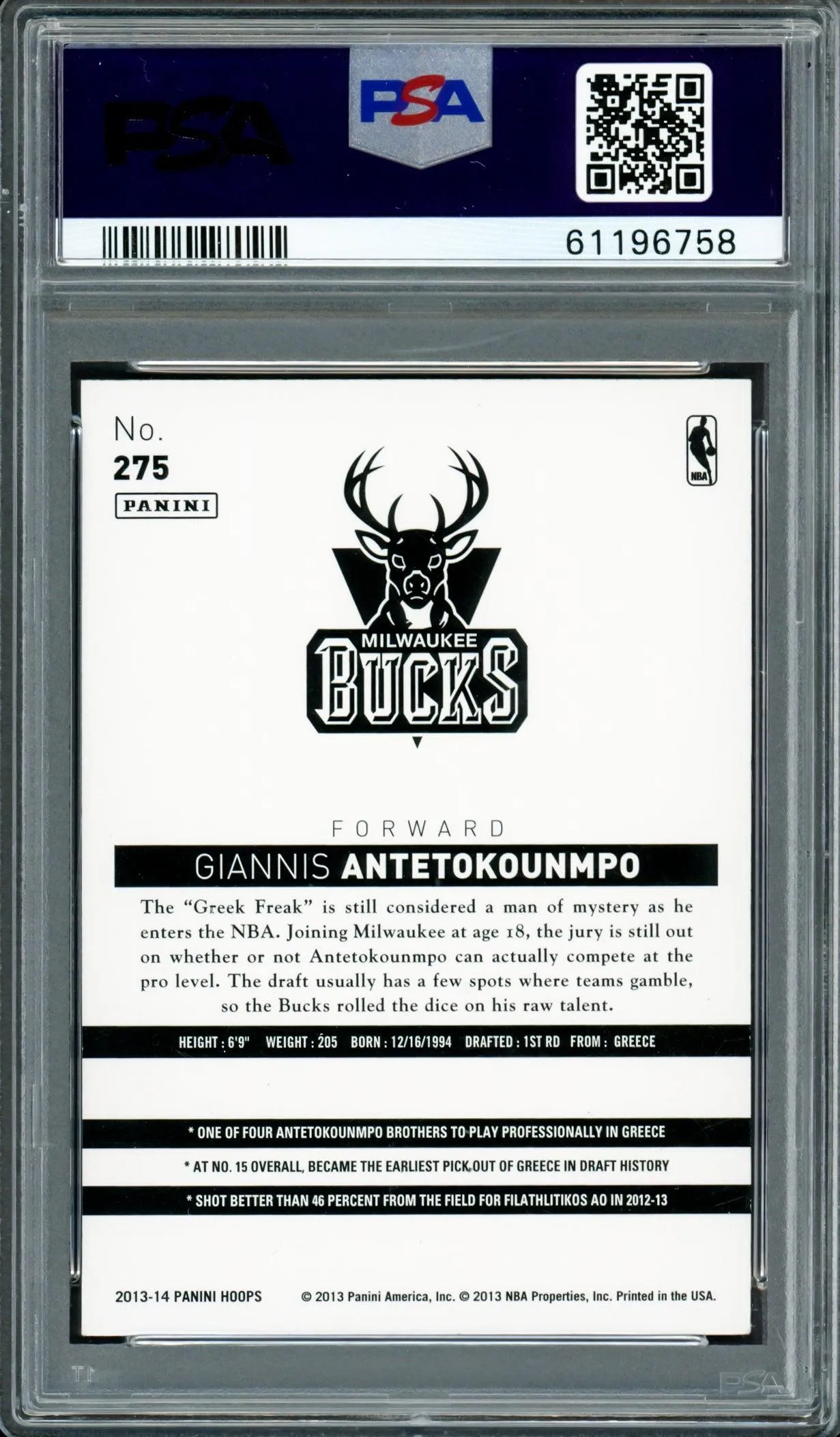 Giannis Antetokounmpo Autographed 2013 Panini Hoops Rookie Card #275 Milwaukee Bucks PSA/DNA #61196758