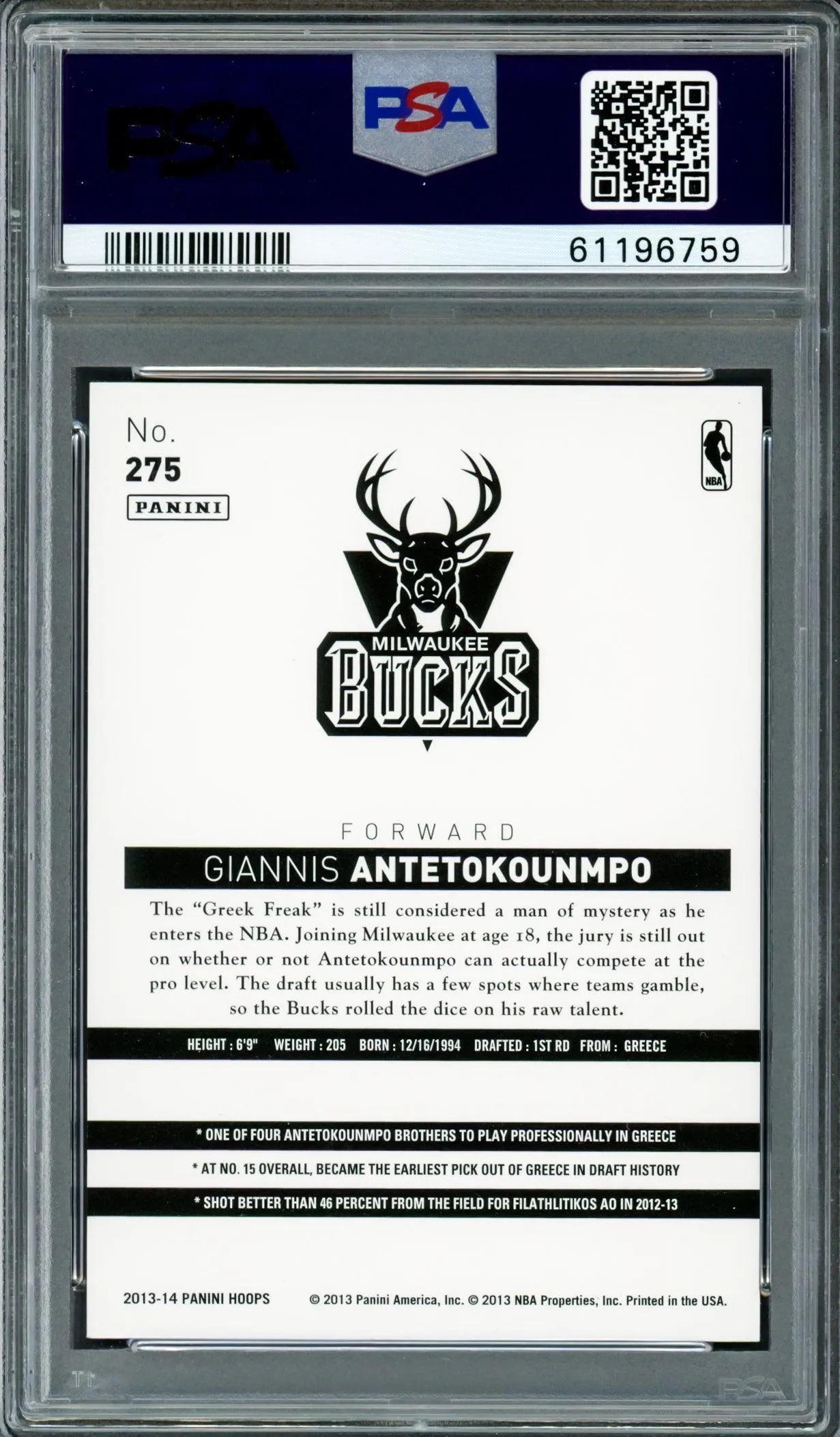 Giannis Antetokounmpo Autographed 2013 Panini Hoops Rookie Card #275 Milwaukee Bucks PSA/DNA #61196759