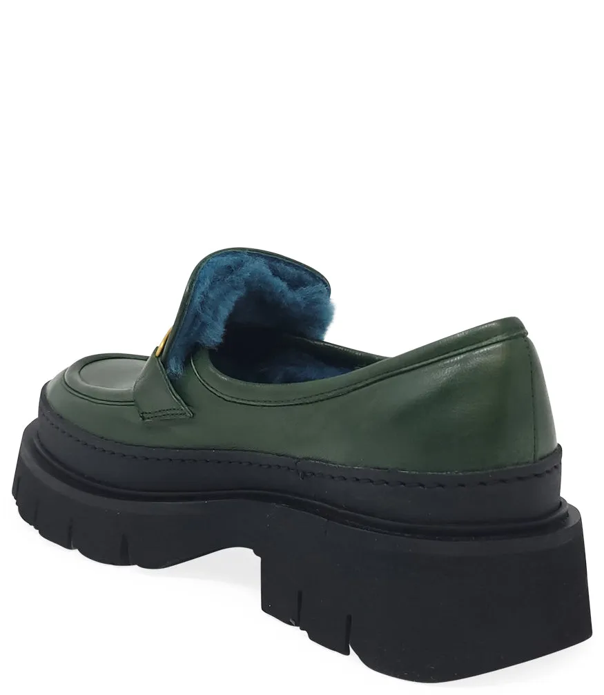 Green Leather Chunky Loafer With Shearling