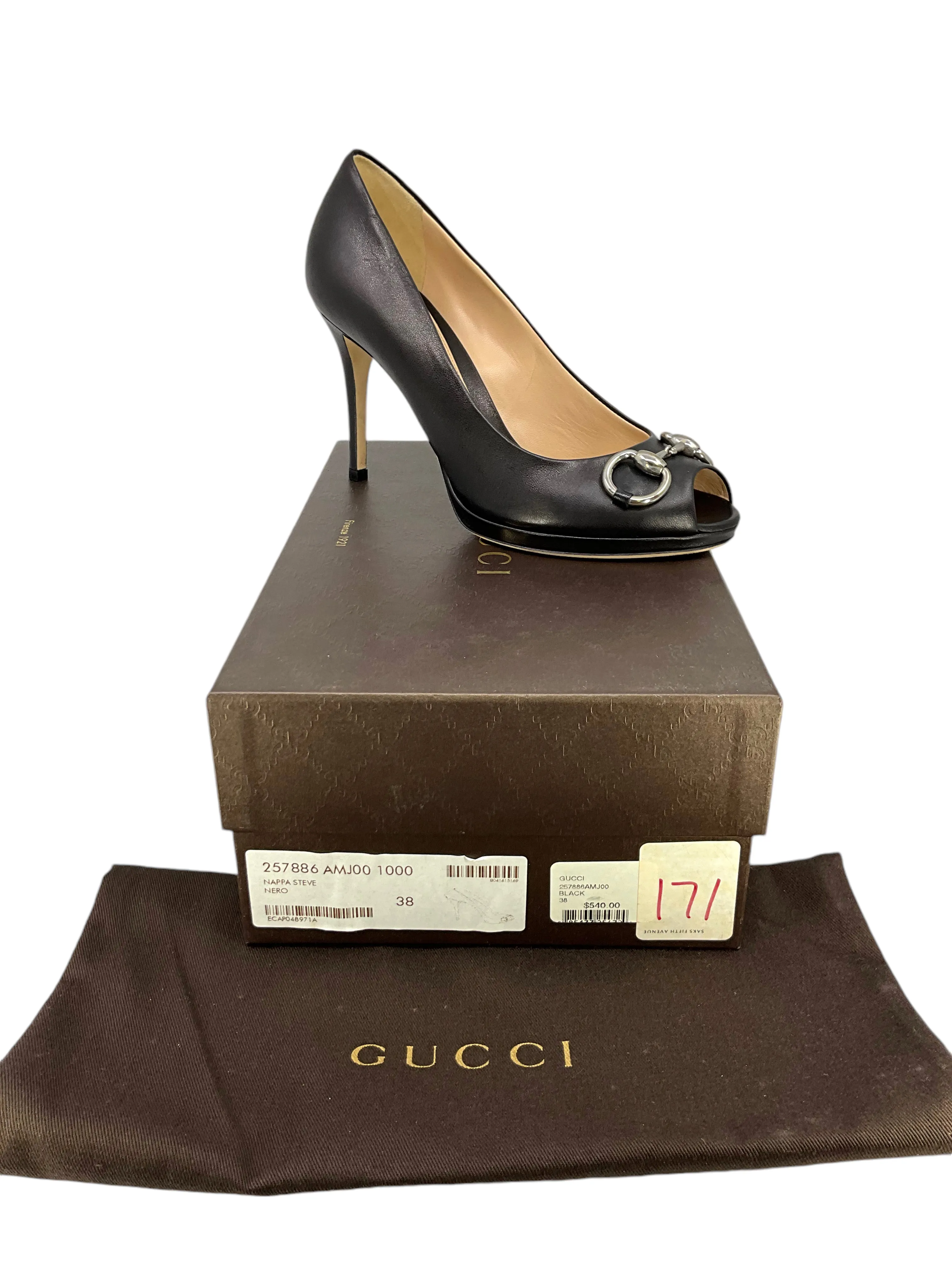 Gucci Horsebit Leather Peep Toe Pumps Size 8