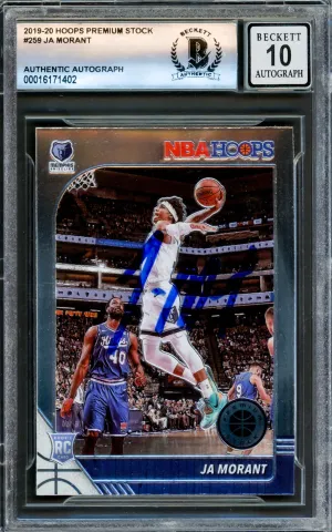 Ja Morant Autographed 2019-20 Panini Hoops Premium Stock Rookie Card #259 Memphis Grizzlies Auto Grade Gem Mint 10 Beckett BAS Stock #220780