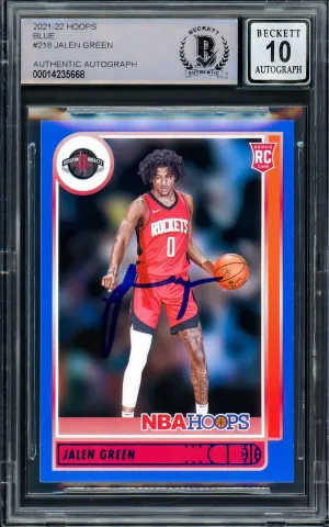 Jalen Green Autographed 2021-22 NBA Hoops Blue Rookie Card #218 Houston Rockets Auto Grade Gem Mint 10 Beckett BAS Stock #205952