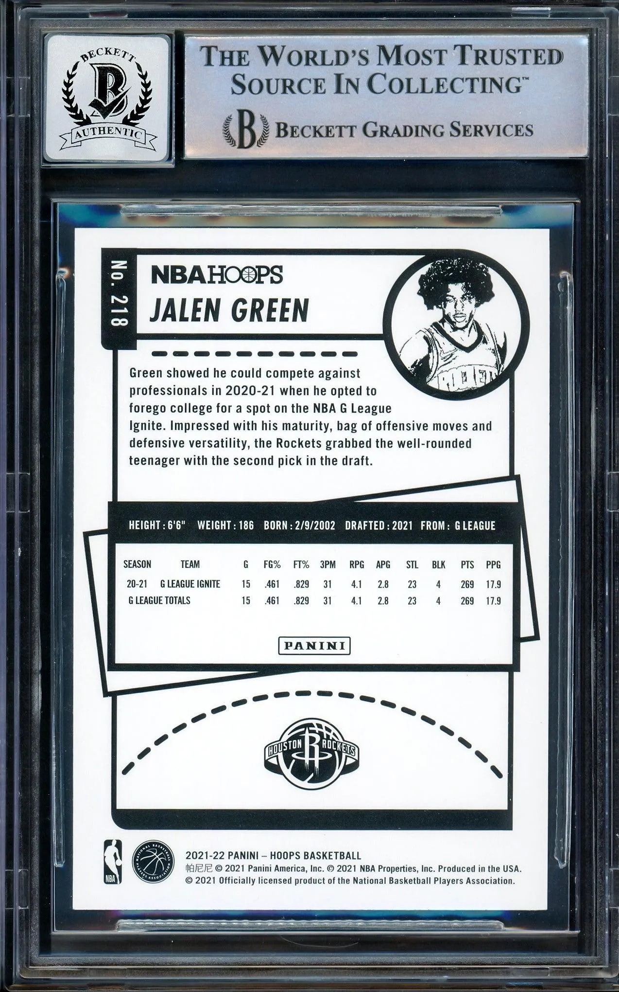 Jalen Green Autographed 2021-22 NBA Hoops Blue Rookie Card #218 Houston Rockets Auto Grade Gem Mint 10 Beckett BAS Stock #205952