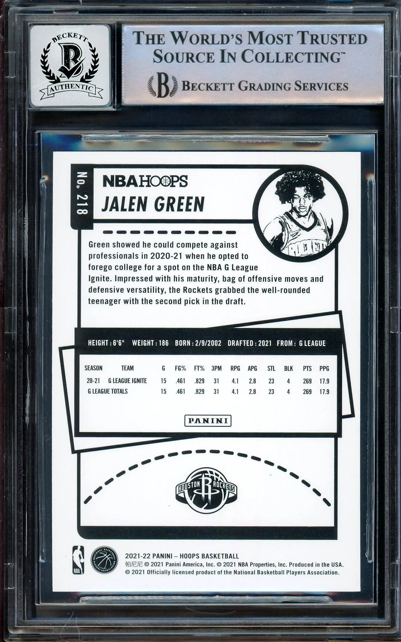 Jalen Green Autographed 2021-22 NBA Hoops Purple Rookie Card #218 Houston Rockets Auto Grade Gem Mint 10 Beckett BAS Stock #205951