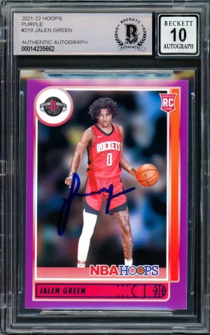 Jalen Green Autographed 2021-22 NBA Hoops Purple Rookie Card #218 Houston Rockets Auto Grade Gem Mint 10 Beckett BAS Stock #205951