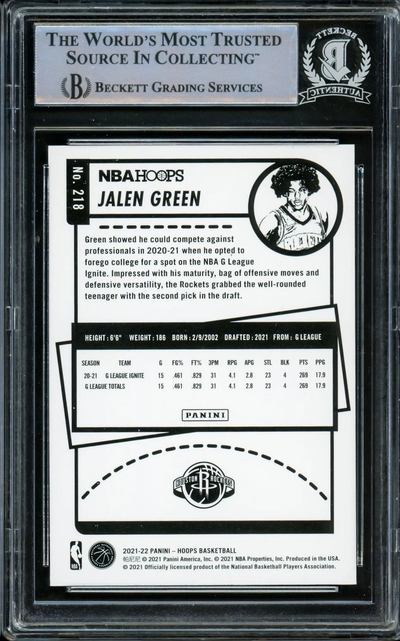 Jalen Green Autographed 2021-22 NBA Hoops Purple Rookie Card #218 Houston Rockets Beckett BAS #14231676