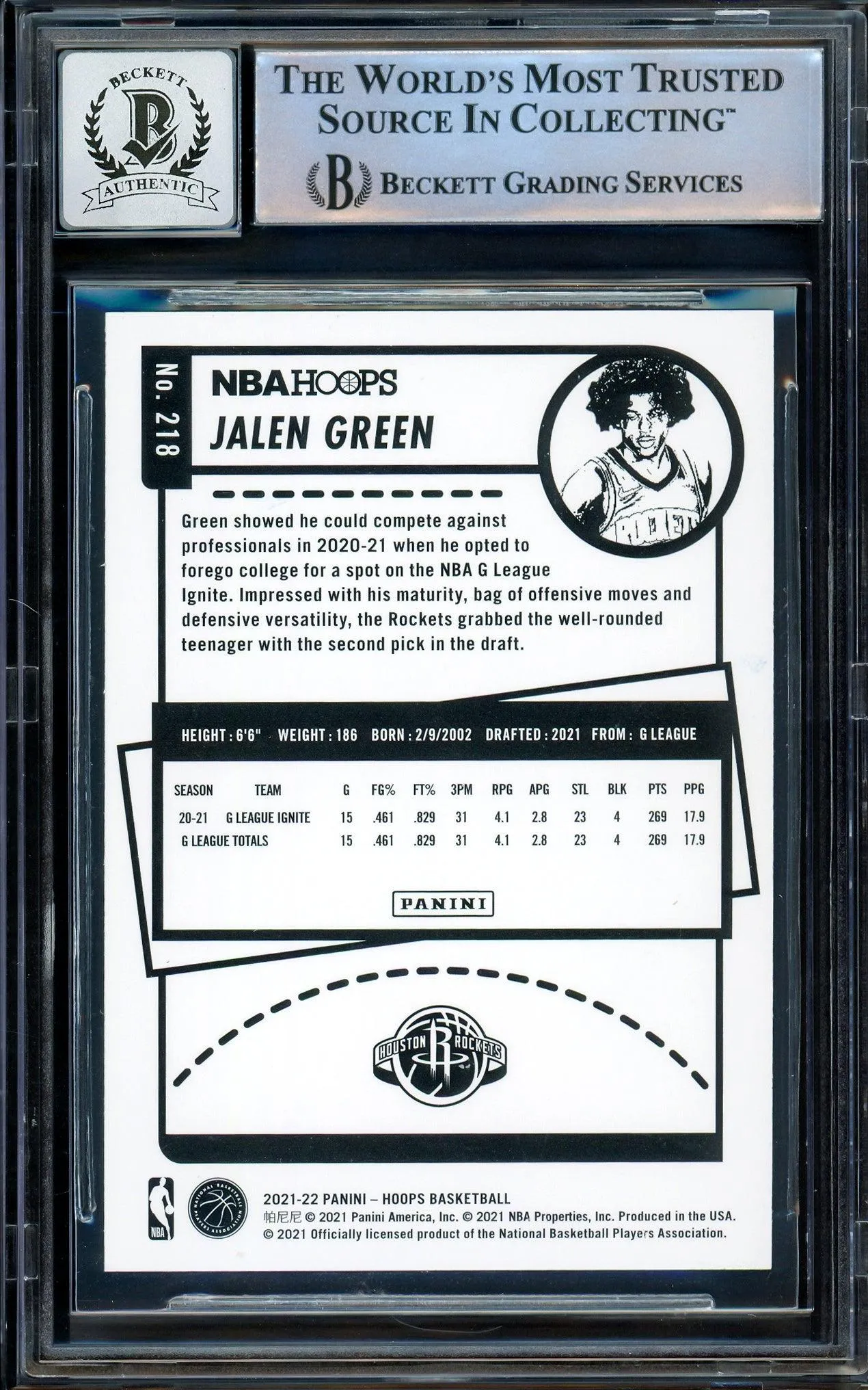 Jalen Green Autographed 2021-22 NBA Hoops Rookie Card #218 Houston Rockets Auto Grade Gem Mint 10 Beckett BAS Stock #205942