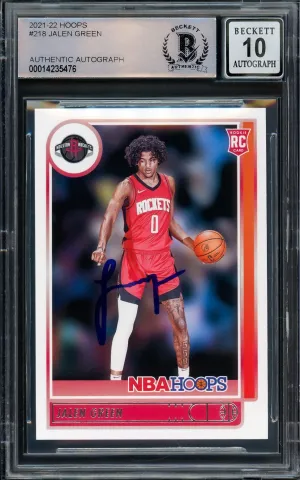 Jalen Green Autographed 2021-22 NBA Hoops Rookie Card #218 Houston Rockets Auto Grade Gem Mint 10 Beckett BAS Stock #205942