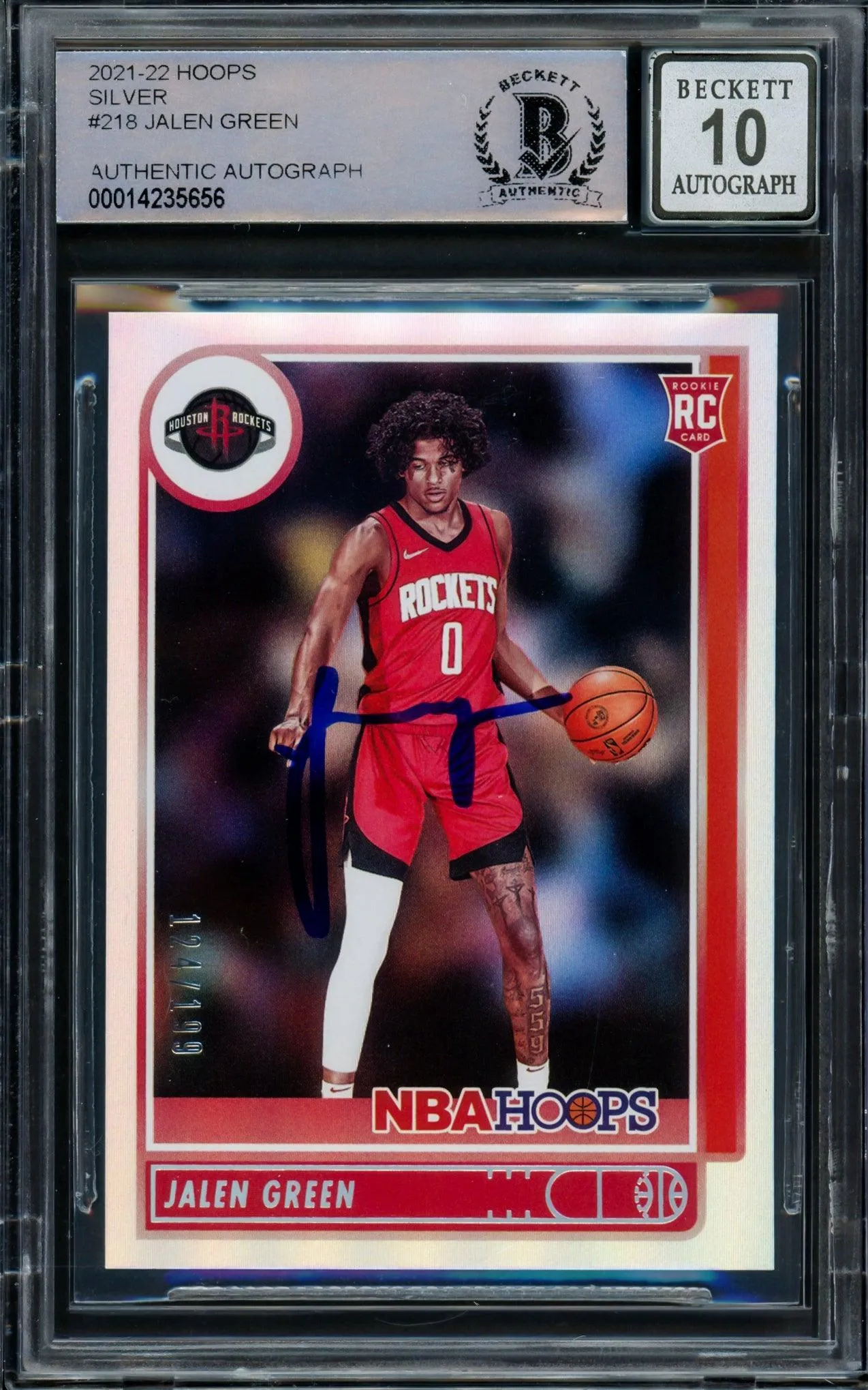 Jalen Green Autographed 2021-22 NBA Hoops Silver Rookie Card #218 Houston Rockets Auto Grade Gem Mint 10 #124/199 Beckett BAS #14235656