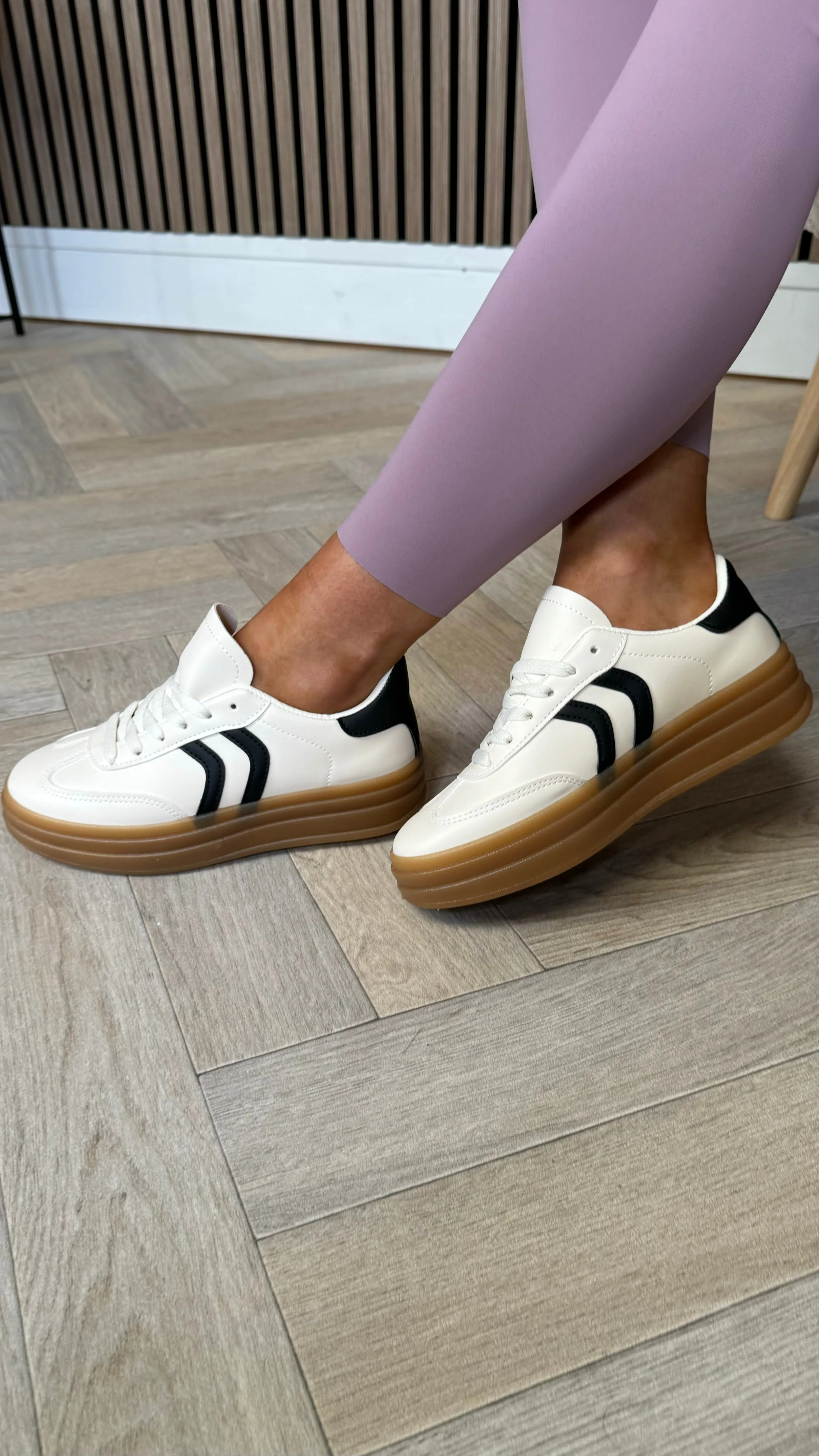 Kasie Beige With Black Stripes Chunky Sole Trainers