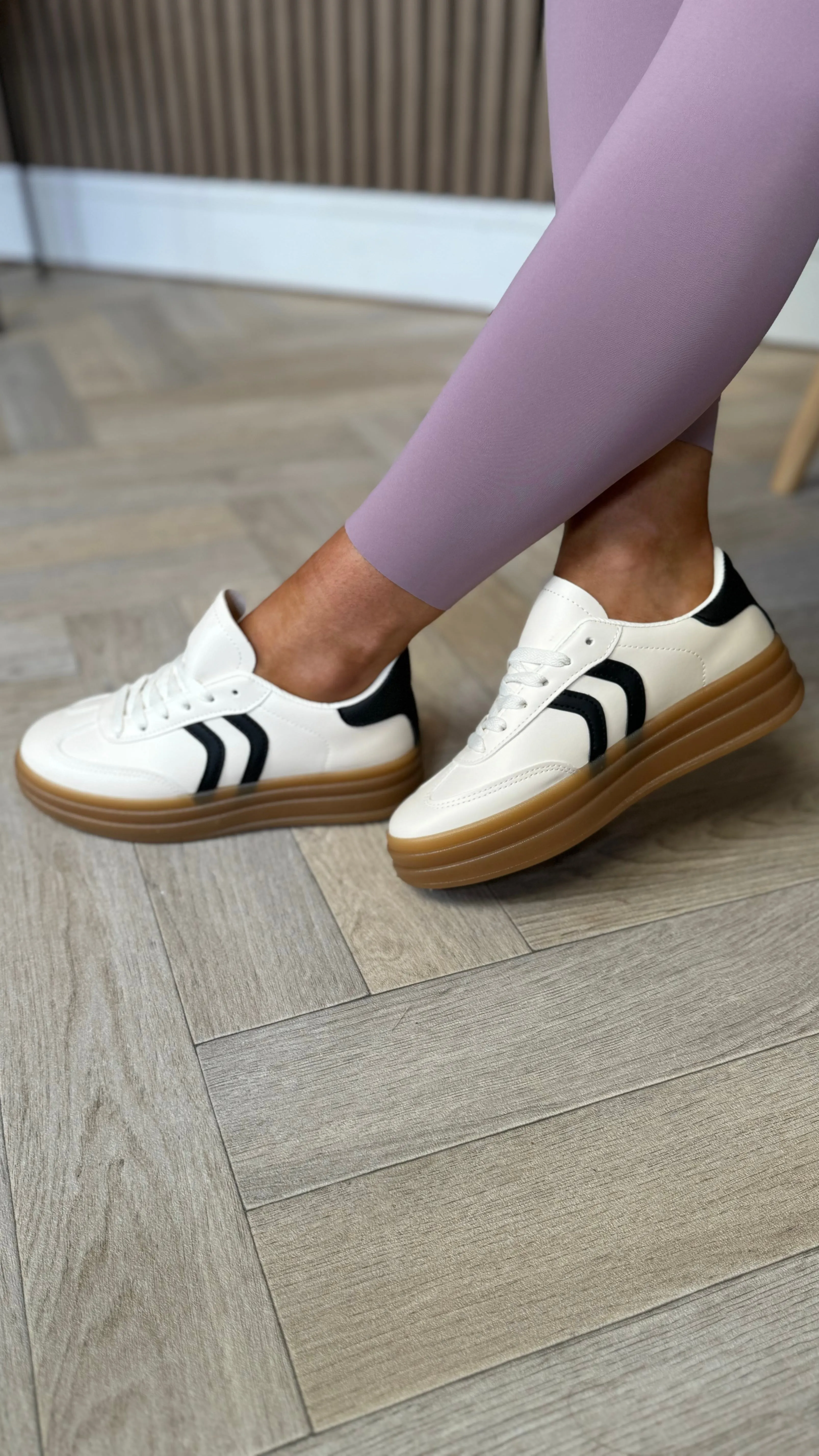 Kasie Beige With Black Stripes Chunky Sole Trainers