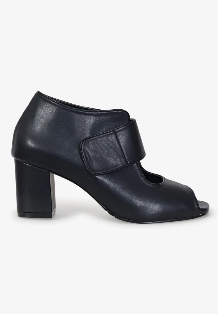 Nancy Peep Toe Velcro Strap Boots - Black