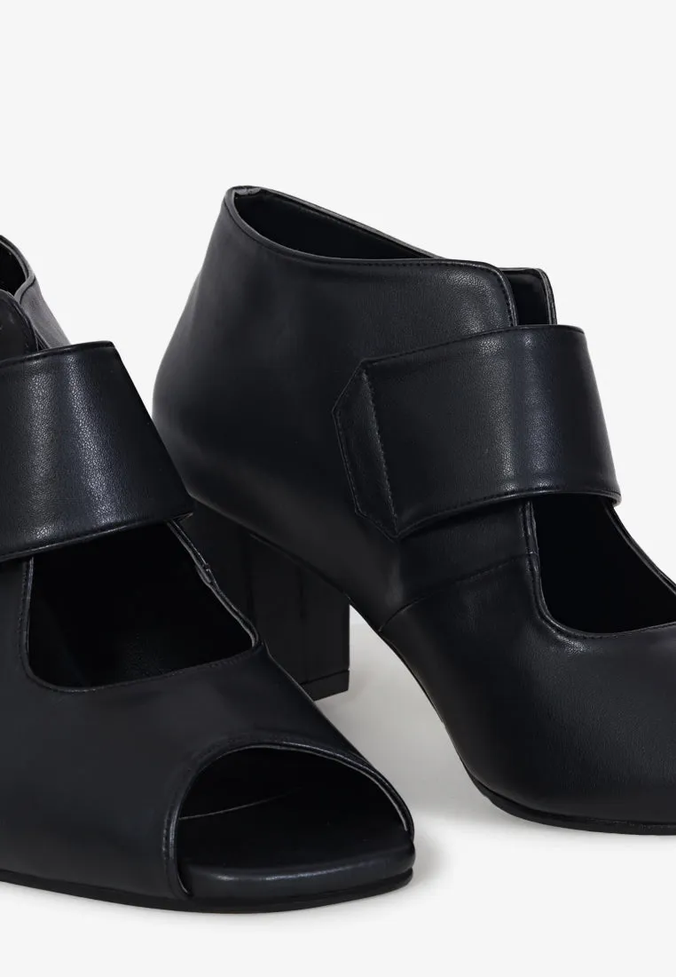 Nancy Peep Toe Velcro Strap Boots - Black