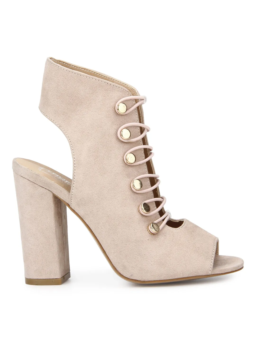 Nude Micro Lace-up Peep Toe Block Heels